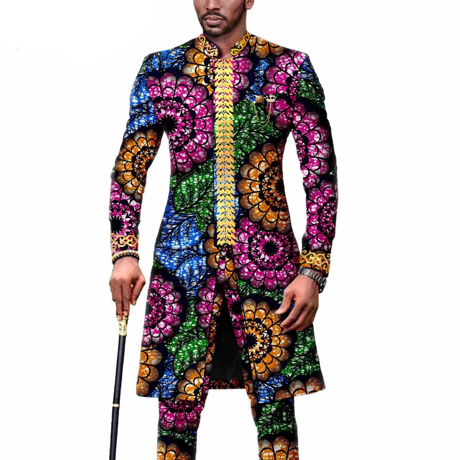 Dashiki Men African Suit Embroidery Jackets and Trousers 2 Piece Set Traditional Attire Wedding Party