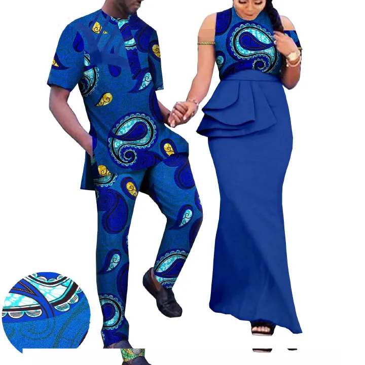 African Couple Clothing Sleeveless Women's Dress with Men's Suit Bazin Riche Attire Set for Wedding Print Dresses for Women Match Men Ankara Outfits Top and Pants Sets Bazin Riche Couple Clothes