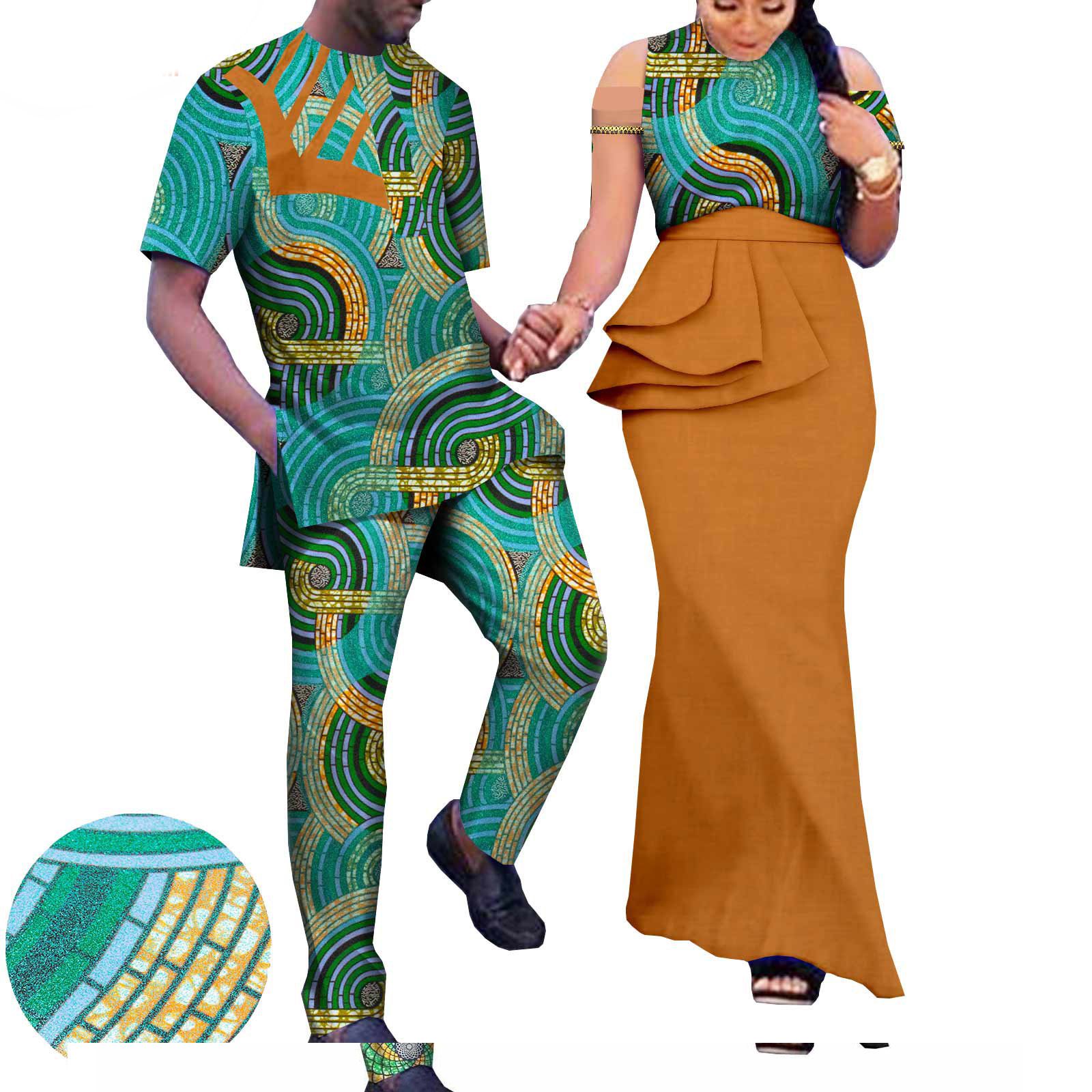 African Couple Clothing Sleeveless Women's Dress with Men's Suit Bazin Riche Attire Set for Wedding Print Dresses for Women Match Men Ankara Outfits Top and Pants Sets Bazin Riche Couple Clothes
