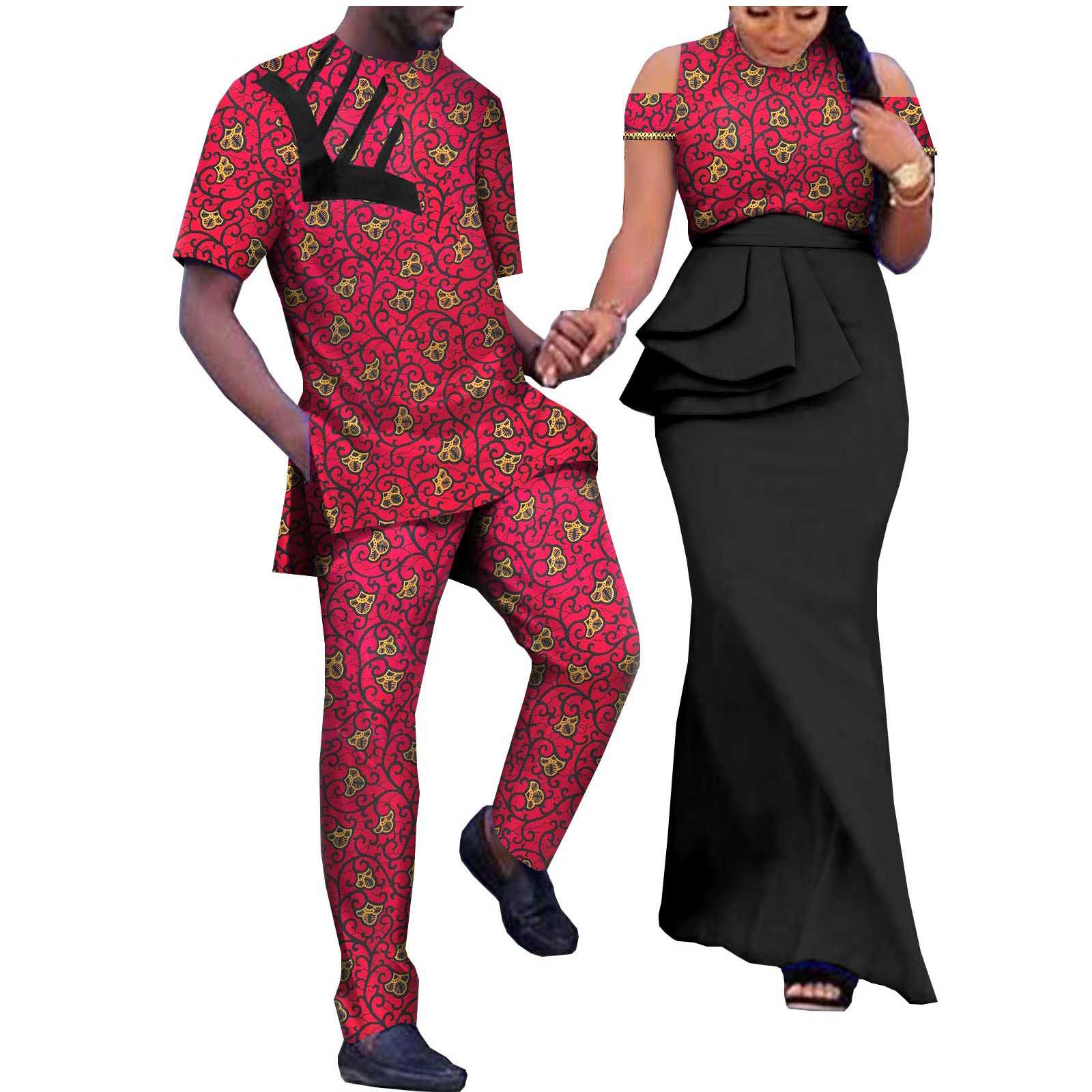African Couple Clothing Sleeveless Women's Dress with Men's Suit Bazin Riche Attire Set for Wedding Print Dresses for Women Match Men Ankara Outfits Top and Pants Sets Bazin Riche Couple Clothes