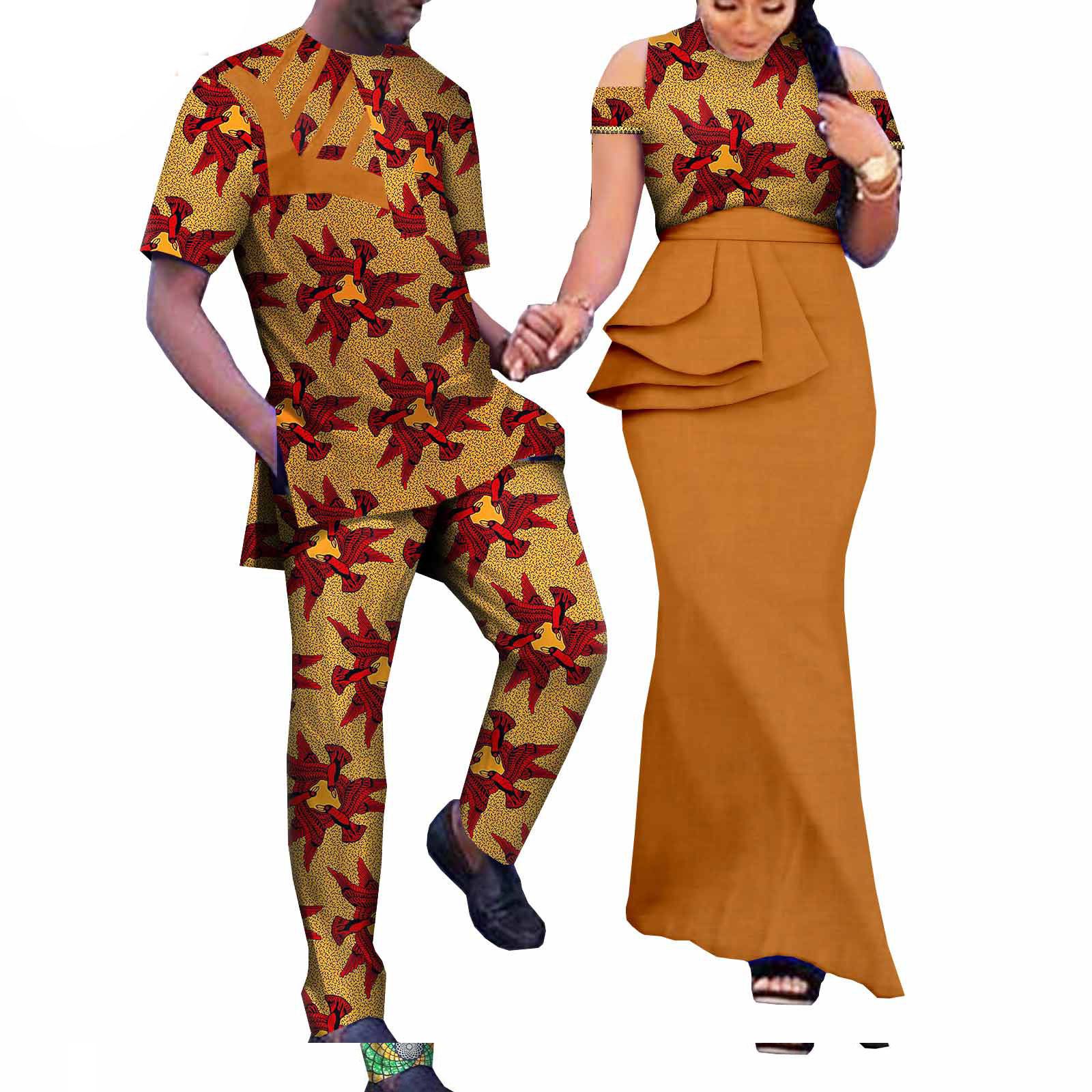 African Couple Clothing Sleeveless Women's Dress with Men's Suit Bazin Riche Attire Set for Wedding Print Dresses for Women Match Men Ankara Outfits Top and Pants Sets Bazin Riche Couple Clothes