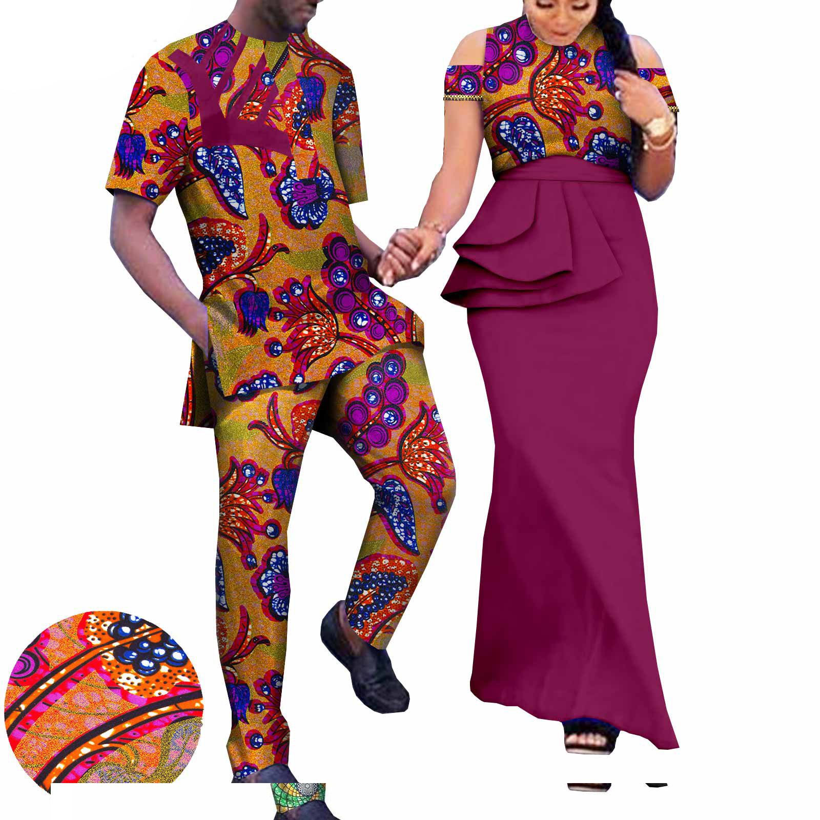 African Couple Clothing Sleeveless Women's Dress with Men's Suit Bazin Riche Attire Set for Wedding Print Dresses for Women Match Men Ankara Outfits Top and Pants Sets Bazin Riche Couple Clothes