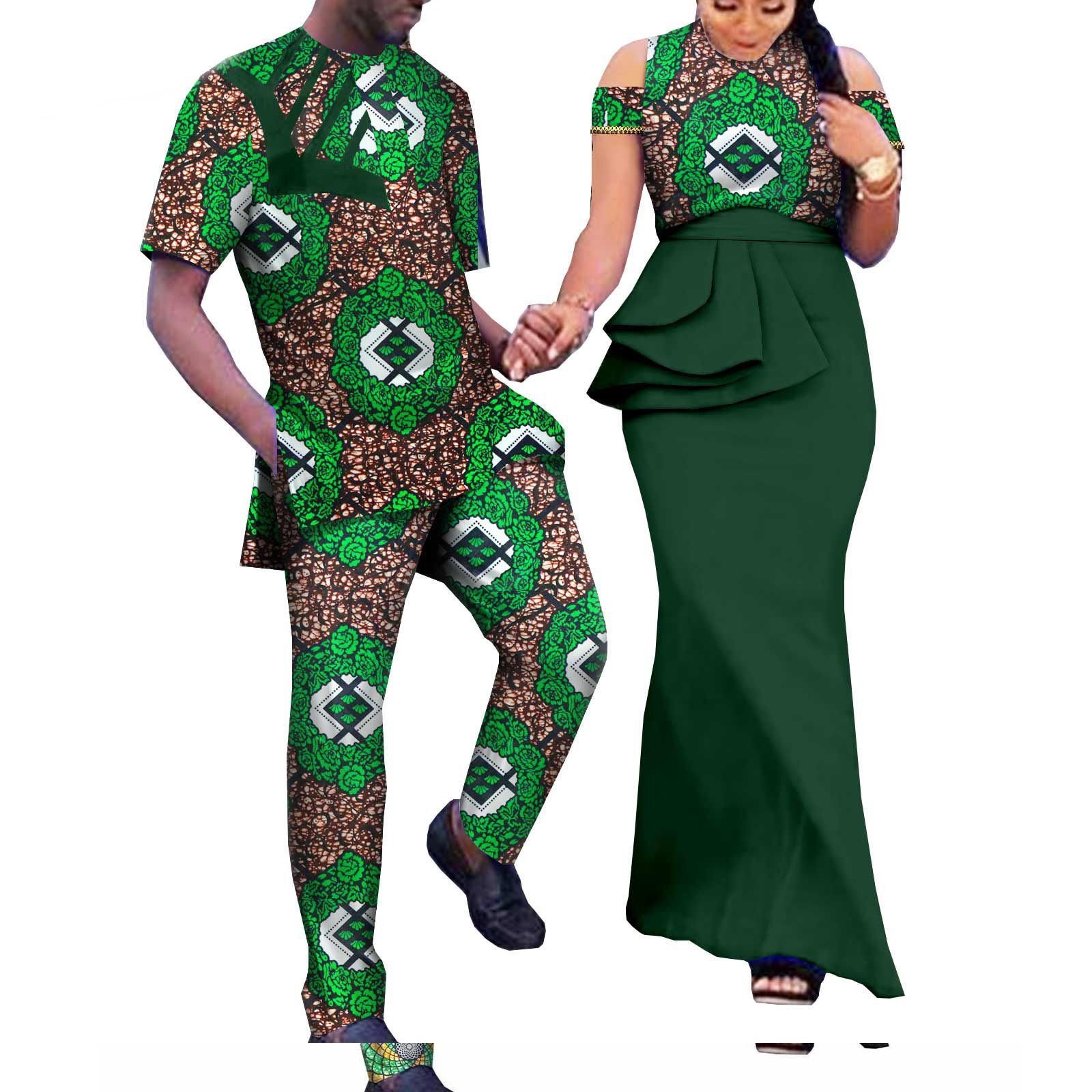 African Couple Clothing Sleeveless Women's Dress with Men's Suit Bazin Riche Attire Set for Wedding Print Dresses for Women Match Men Ankara Outfits Top and Pants Sets Bazin Riche Couple Clothes