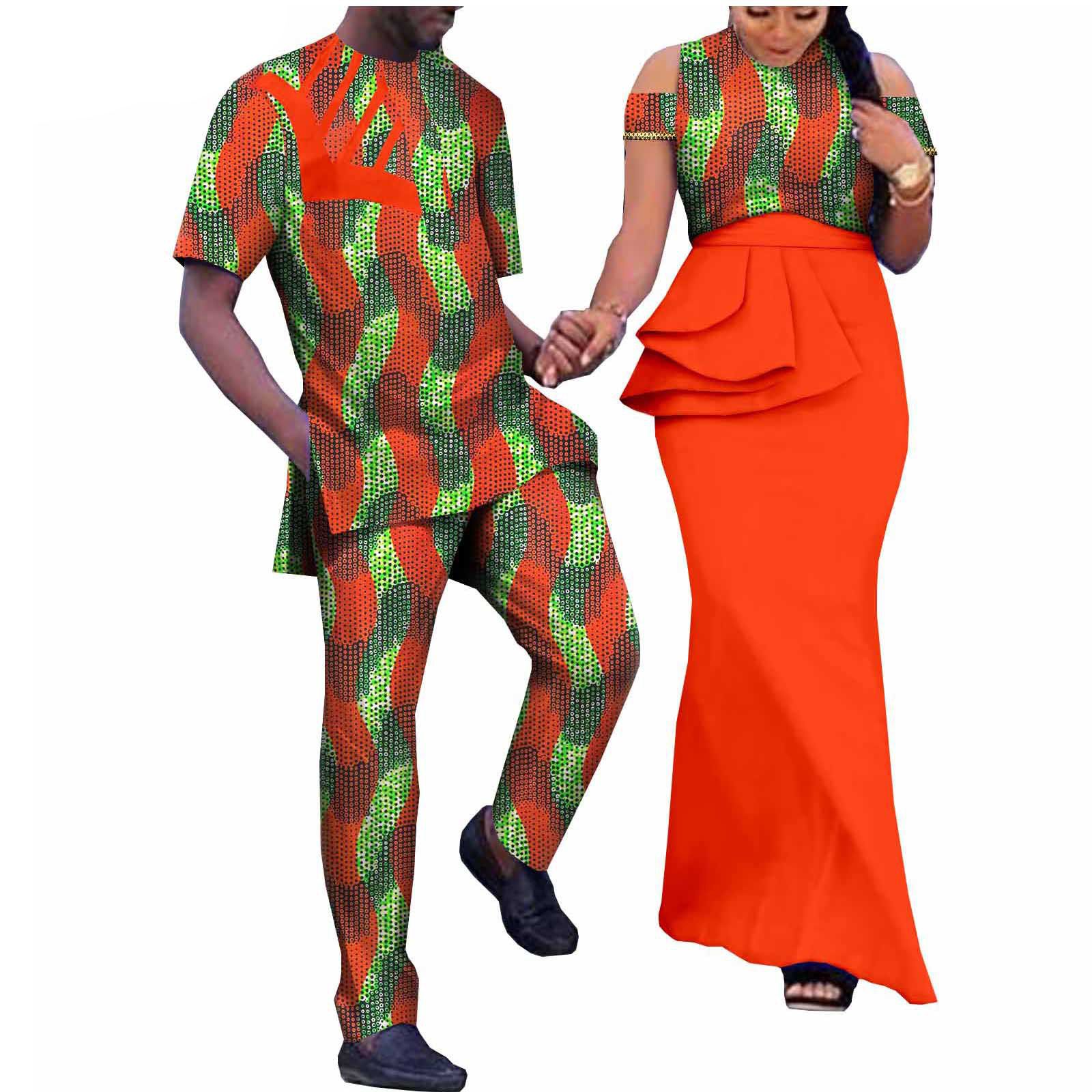 African Couple Clothing Sleeveless Women's Dress with Men's Suit Bazin Riche Attire Set for Wedding Print Dresses for Women Match Men Ankara Outfits Top and Pants Sets Bazin Riche Couple Clothes