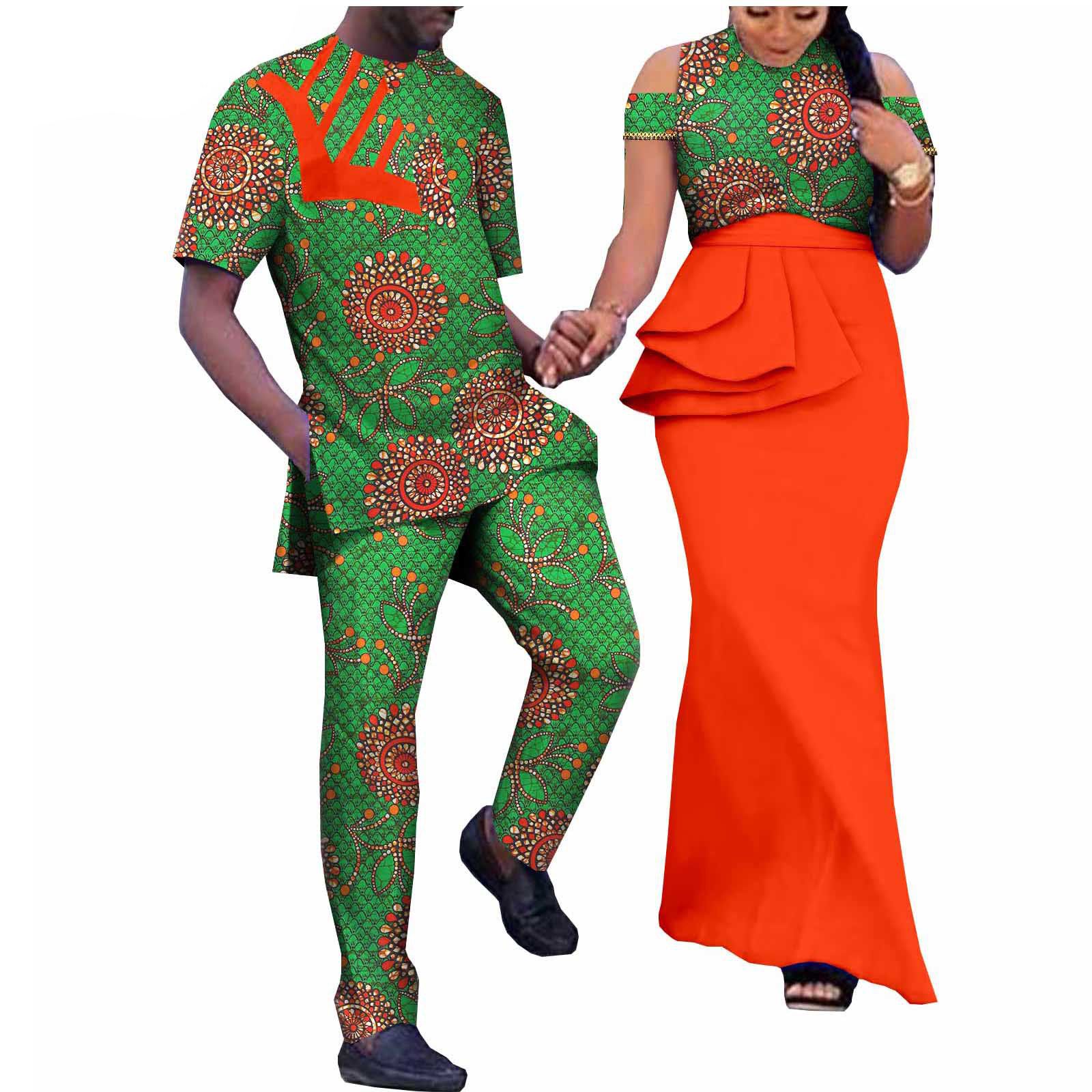 African Couple Clothing Sleeveless Women's Dress with Men's Suit Bazin Riche Attire Set for Wedding Print Dresses for Women Match Men Ankara Outfits Top and Pants Sets Bazin Riche Couple Clothes