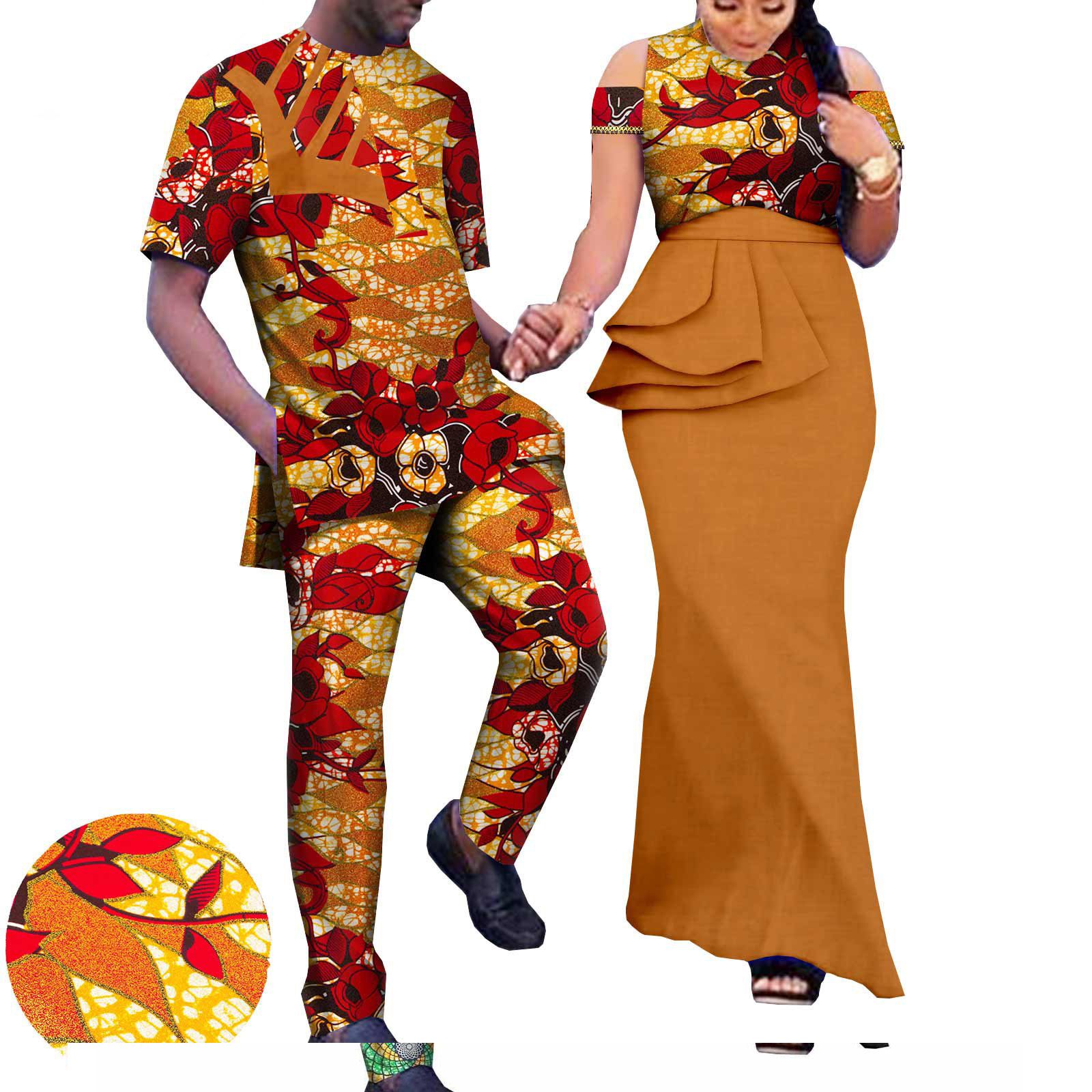 African Couple Clothing Sleeveless Women's Dress with Men's Suit Bazin Riche Attire Set for Wedding Print Dresses for Women Match Men Ankara Outfits Top and Pants Sets Bazin Riche Couple Clothes