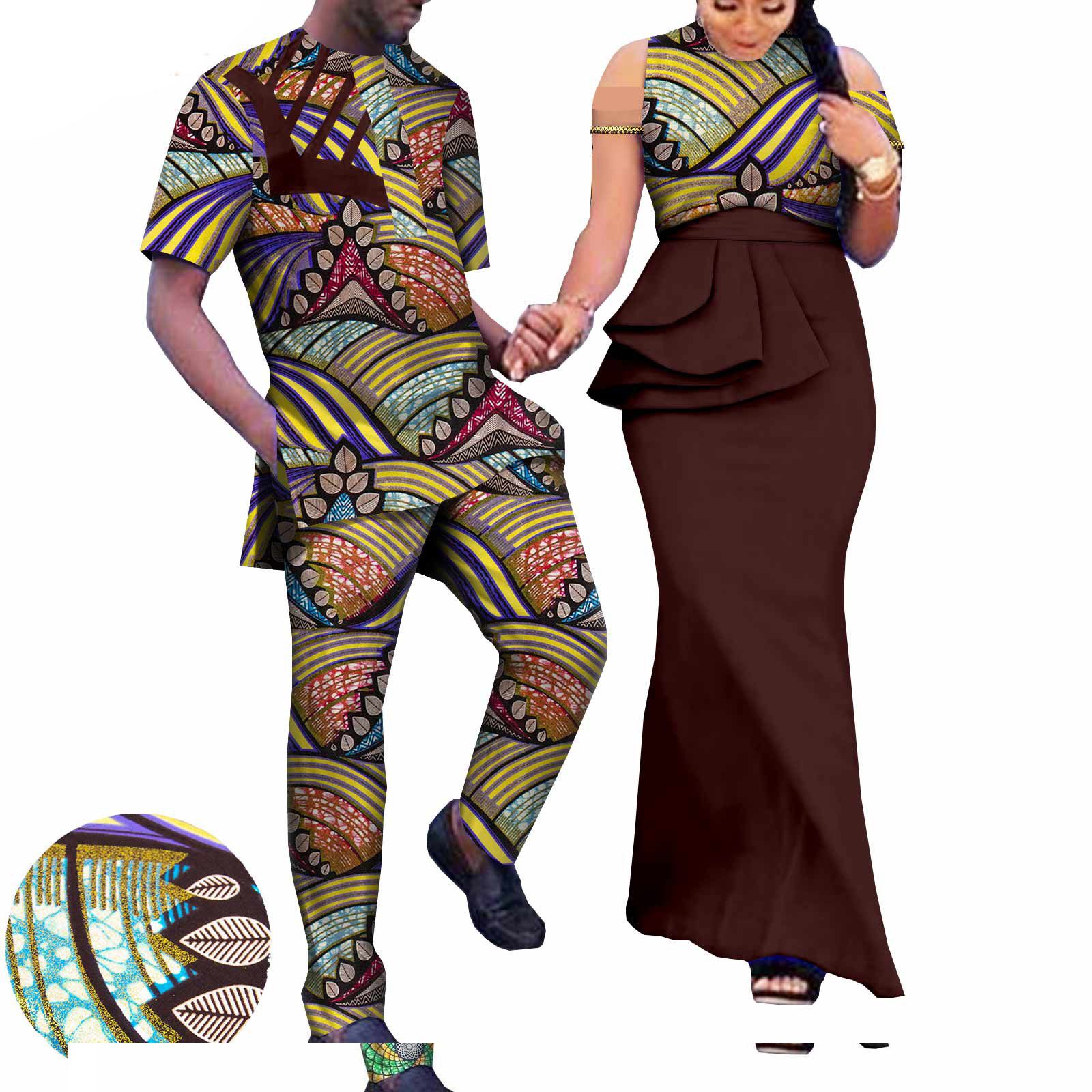 African Couple Clothing Sleeveless Women's Dress with Men's Suit Bazin Riche Attire Set for Wedding Print Dresses for Women Match Men Ankara Outfits Top and Pants Sets Bazin Riche Couple Clothes