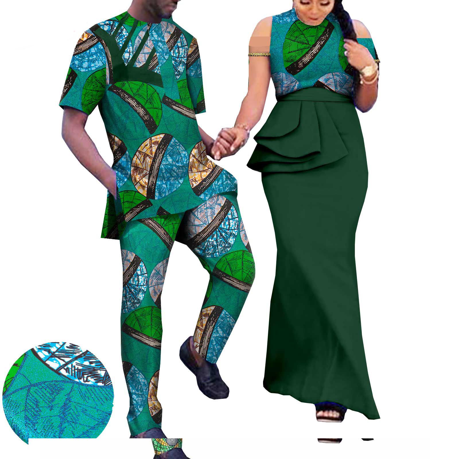 African Couple Clothing Sleeveless Women's Dress with Men's Suit Bazin Riche Attire Set for Wedding Print Dresses for Women Match Men Ankara Outfits Top and Pants Sets Bazin Riche Couple Clothes