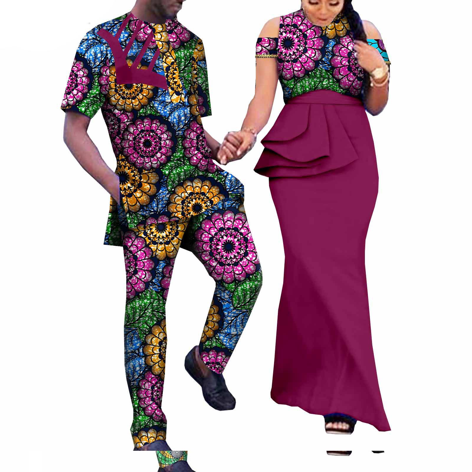 African Couple Clothing Sleeveless Women's Dress with Men's Suit Bazin Riche Attire Set for Wedding Print Dresses for Women Match Men Ankara Outfits Top and Pants Sets Bazin Riche Couple Clothes
