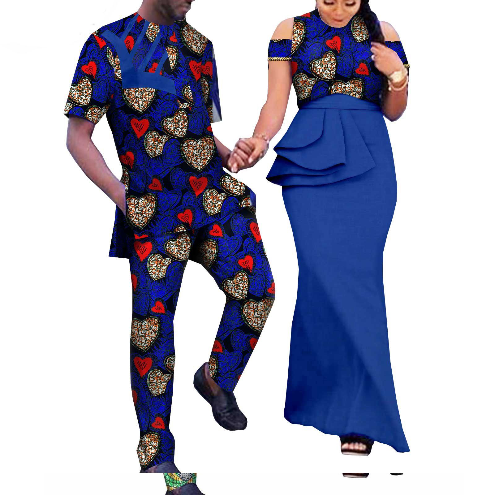 African Couple Clothing Sleeveless Women's Dress with Men's Suit Bazin Riche Attire Set for Wedding Print Dresses for Women Match Men Ankara Outfits Top and Pants Sets Bazin Riche Couple Clothes