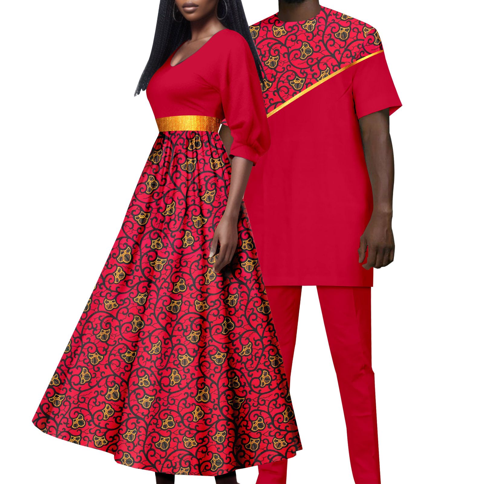 African Attire for Couple Women Print Wax Long Dress with Men Dashiki Tracksuit Long Shirt and Pants Sets