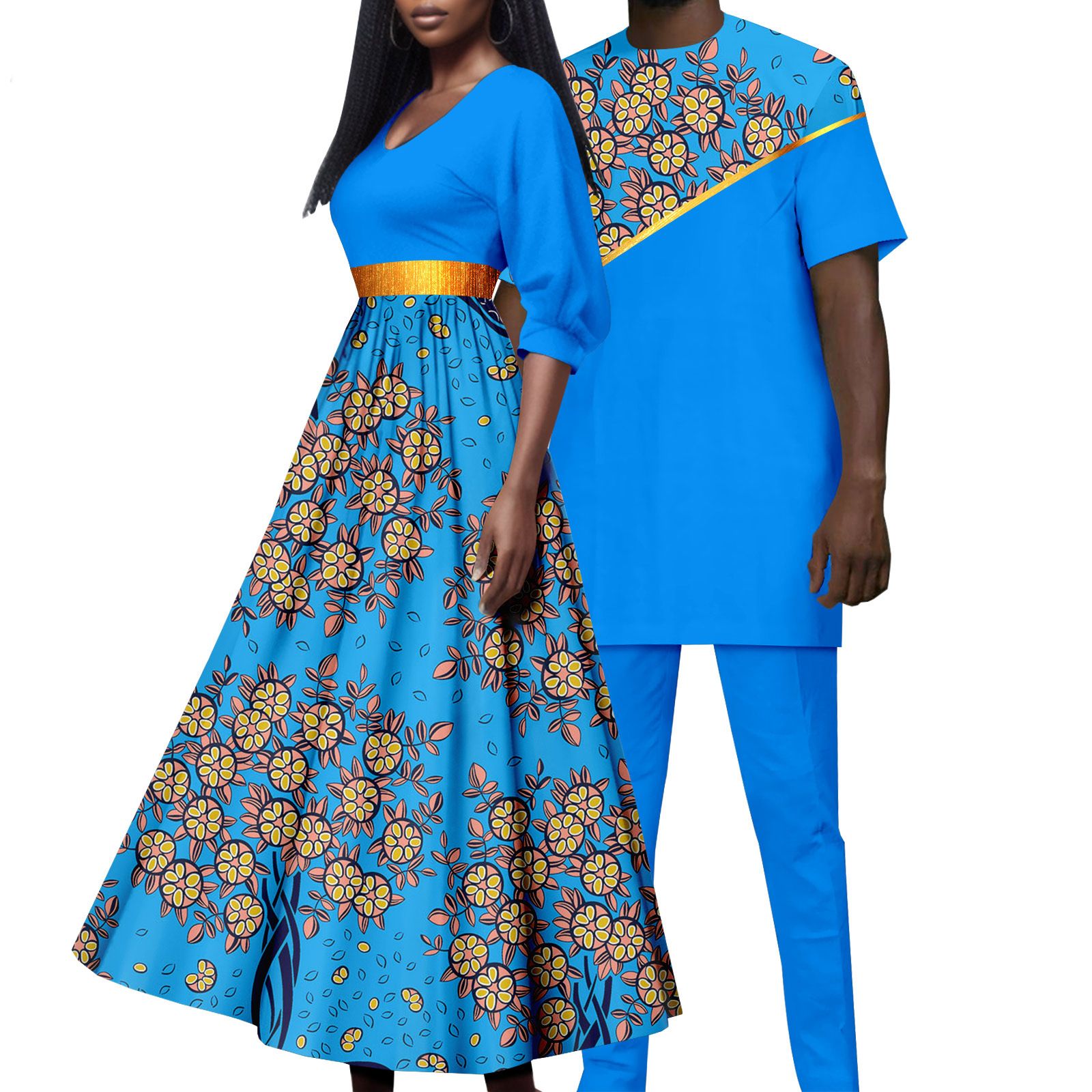 African Attire for Couple Women Print Wax Long Dress with Men Dashiki Tracksuit Long Shirt and Pants Sets
