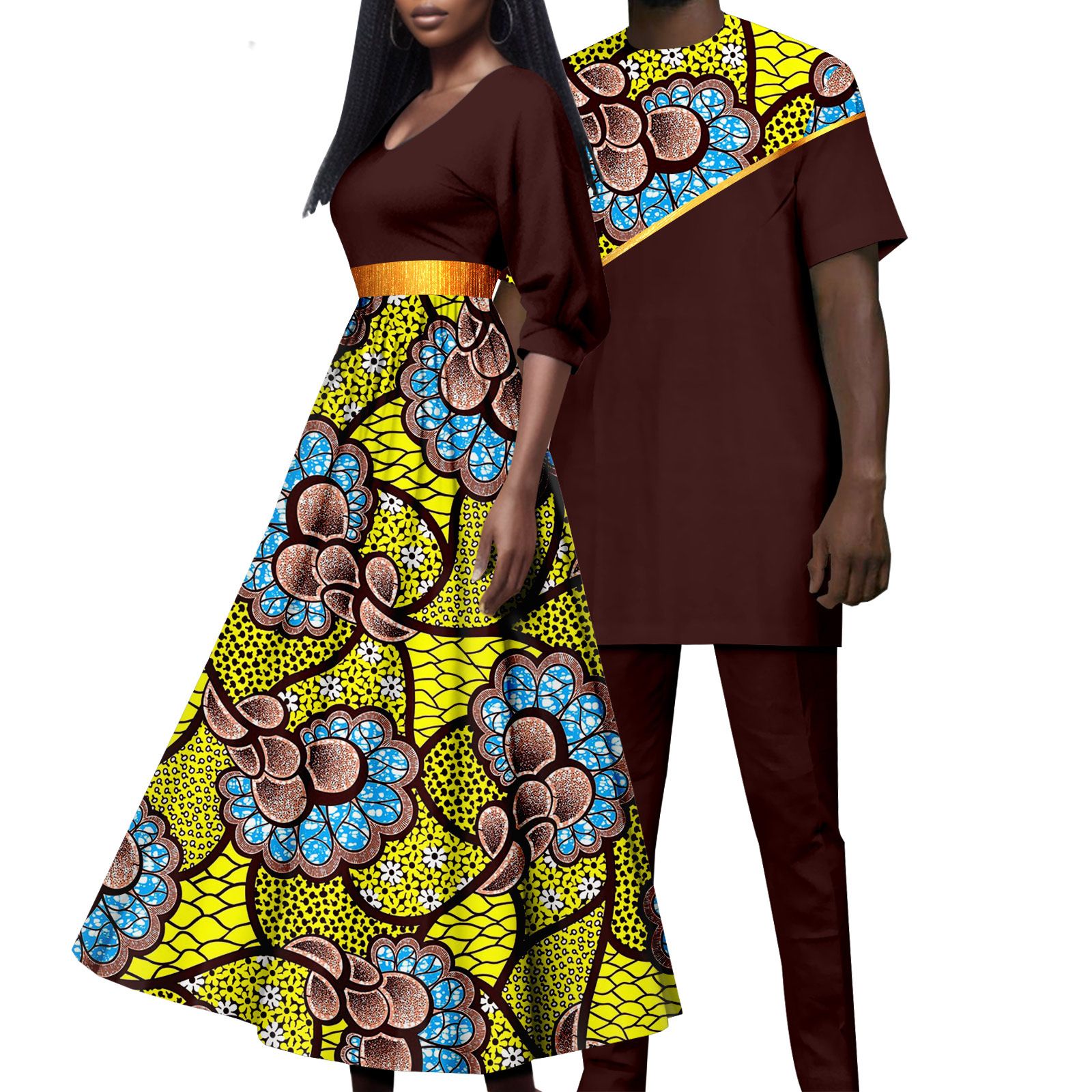 African Attire for Couple Women Print Wax Long Dress with Men Dashiki Tracksuit Long Shirt and Pants Sets