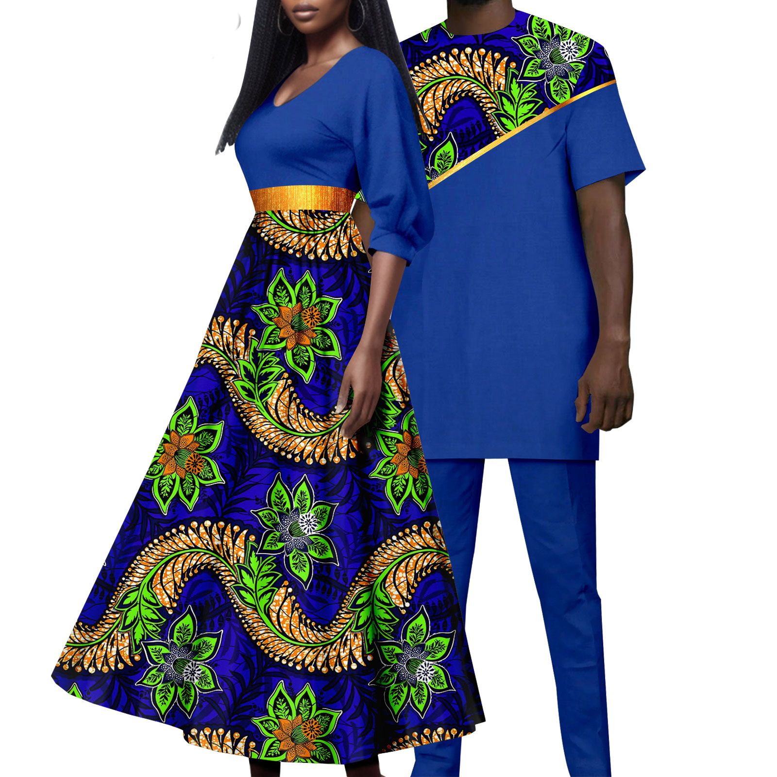African Attire for Couple Women Print Wax Long Dress with Men Dashiki Tracksuit Long Shirt and Pants Sets