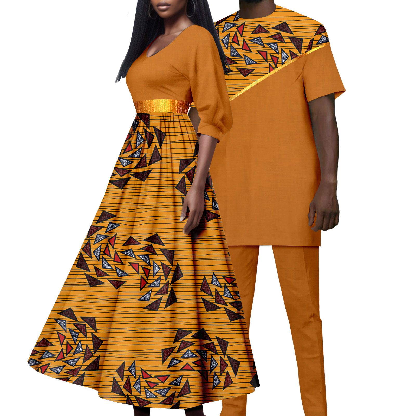 African Attire for Couple Women Print Wax Long Dress with Men Dashiki Tracksuit Long Shirt and Pants Sets