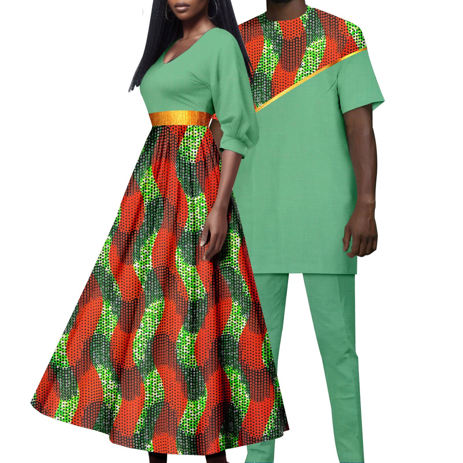 African Attire for Couple Women Print Wax Long Dress with Men Dashiki Tracksuit Long Shirt and Pants Sets