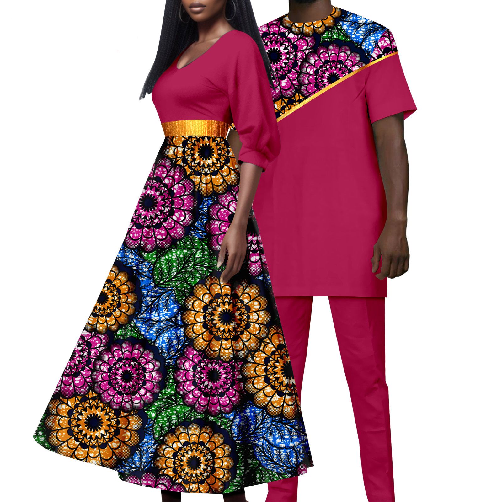African Attire for Couple Women Print Wax Long Dress with Men Dashiki Tracksuit Long Shirt and Pants Sets