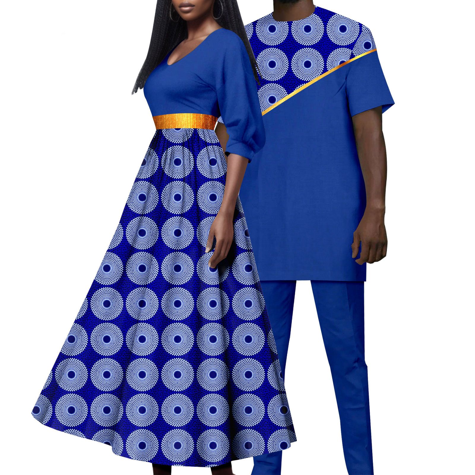 African Attire for Couple Women Print Wax Long Dress with Men Dashiki Tracksuit Long Shirt and Pants Sets