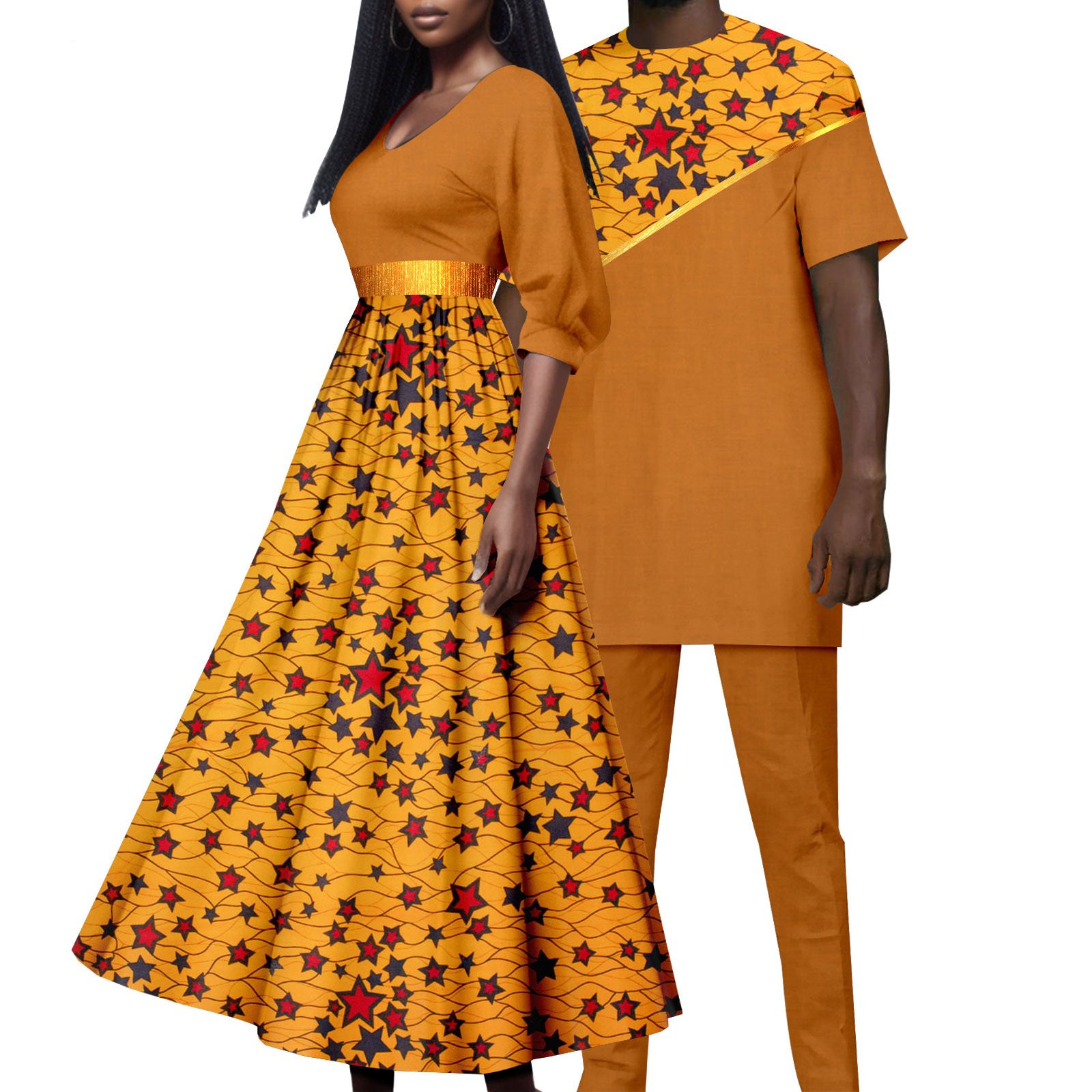 African Attire for Couple Women Print Wax Long Dress with Men Dashiki Tracksuit Long Shirt and Pants Sets