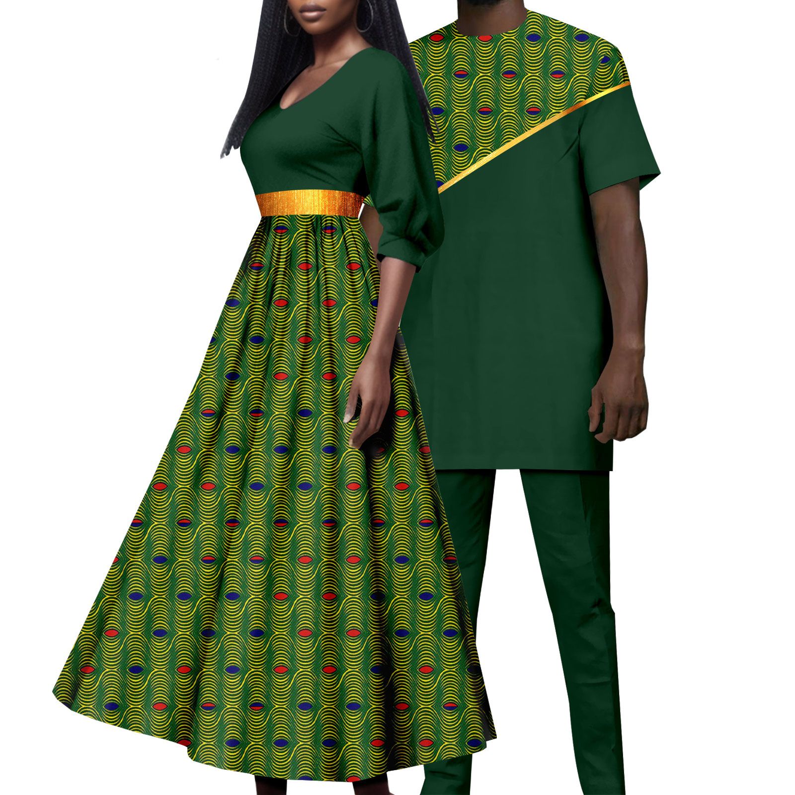 African Attire for Couple Women Print Wax Long Dress with Men Dashiki Tracksuit Long Shirt and Pants Sets