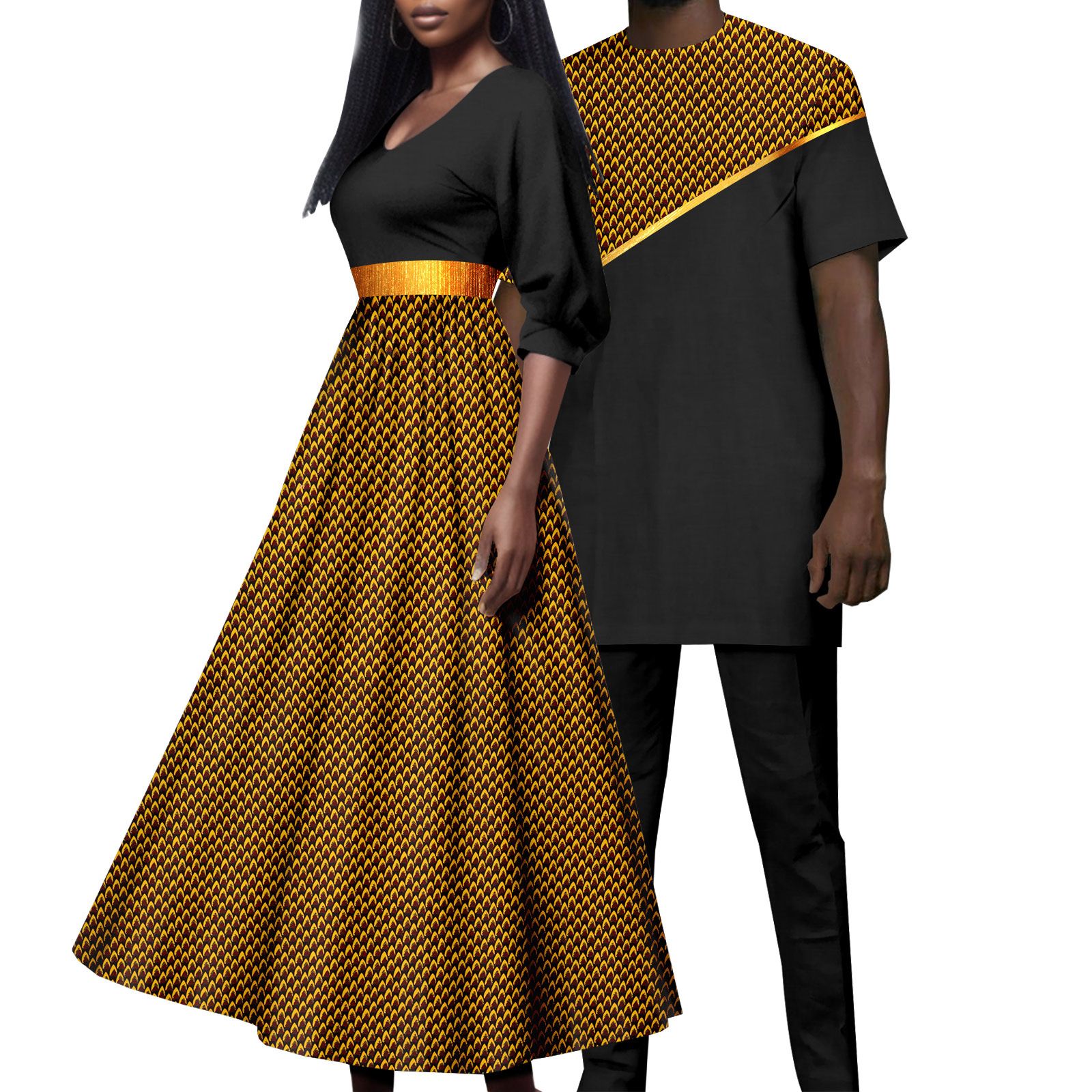 African Attire for Couple Women Print Wax Long Dress with Men Dashiki Tracksuit Long Shirt and Pants Sets