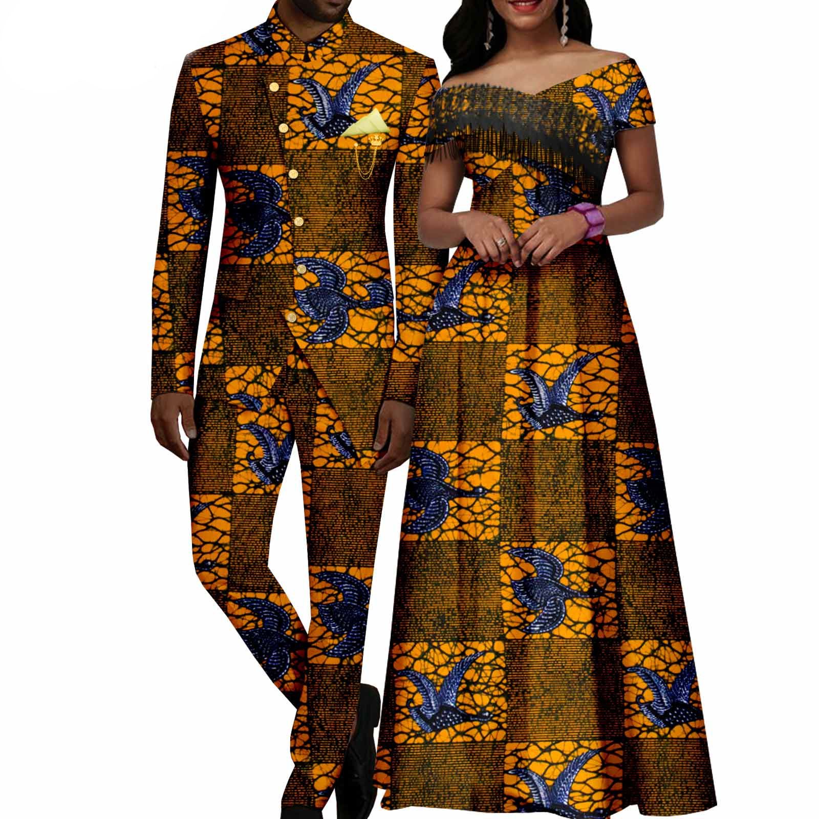 African Couple Matching Clothes Dashiki Women Print Tassel Dress Men Suits Jacket and Pant Sets for Party