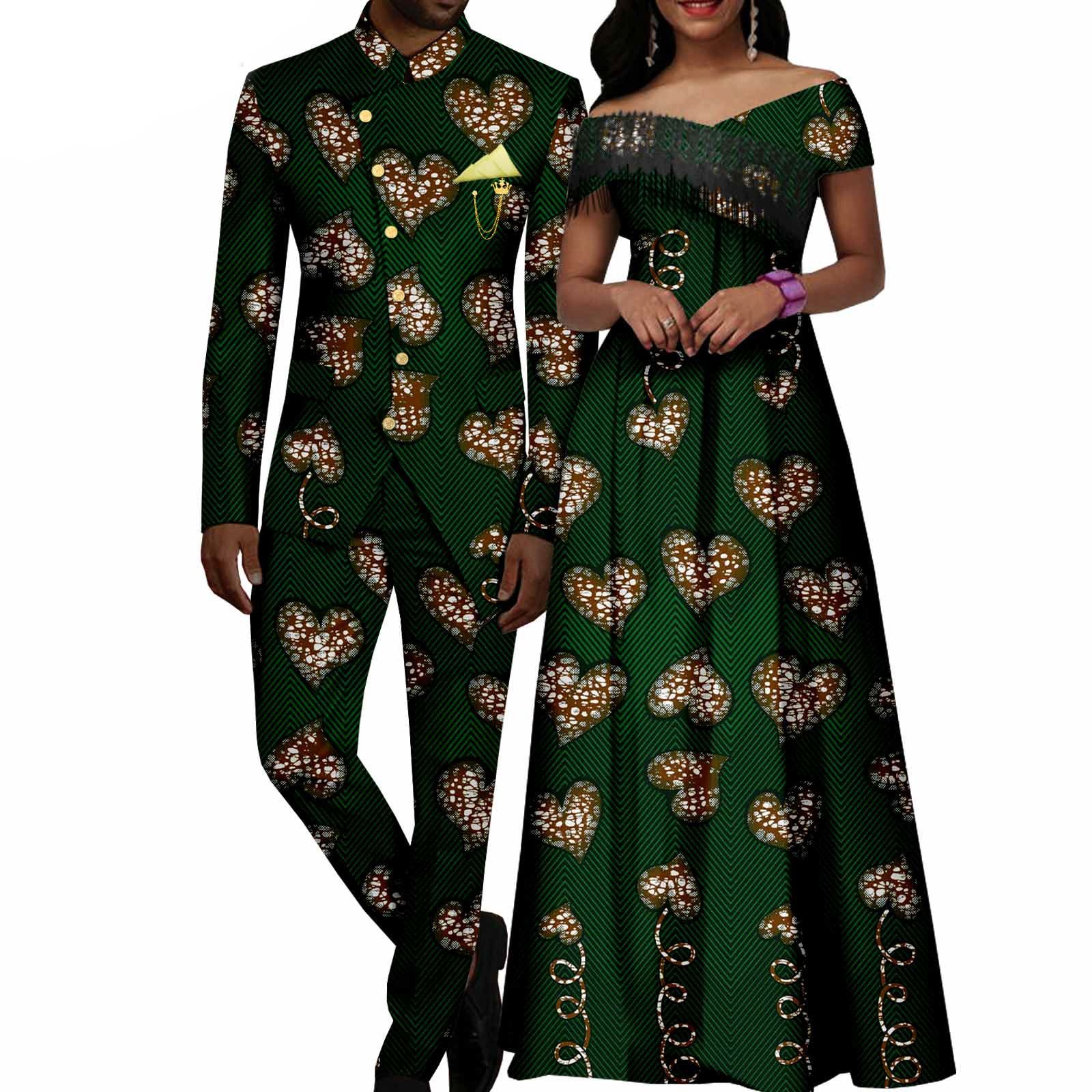 African Couple Matching Clothes Dashiki Women Print Tassel Dress Men Suits Jacket and Pant Sets for Party