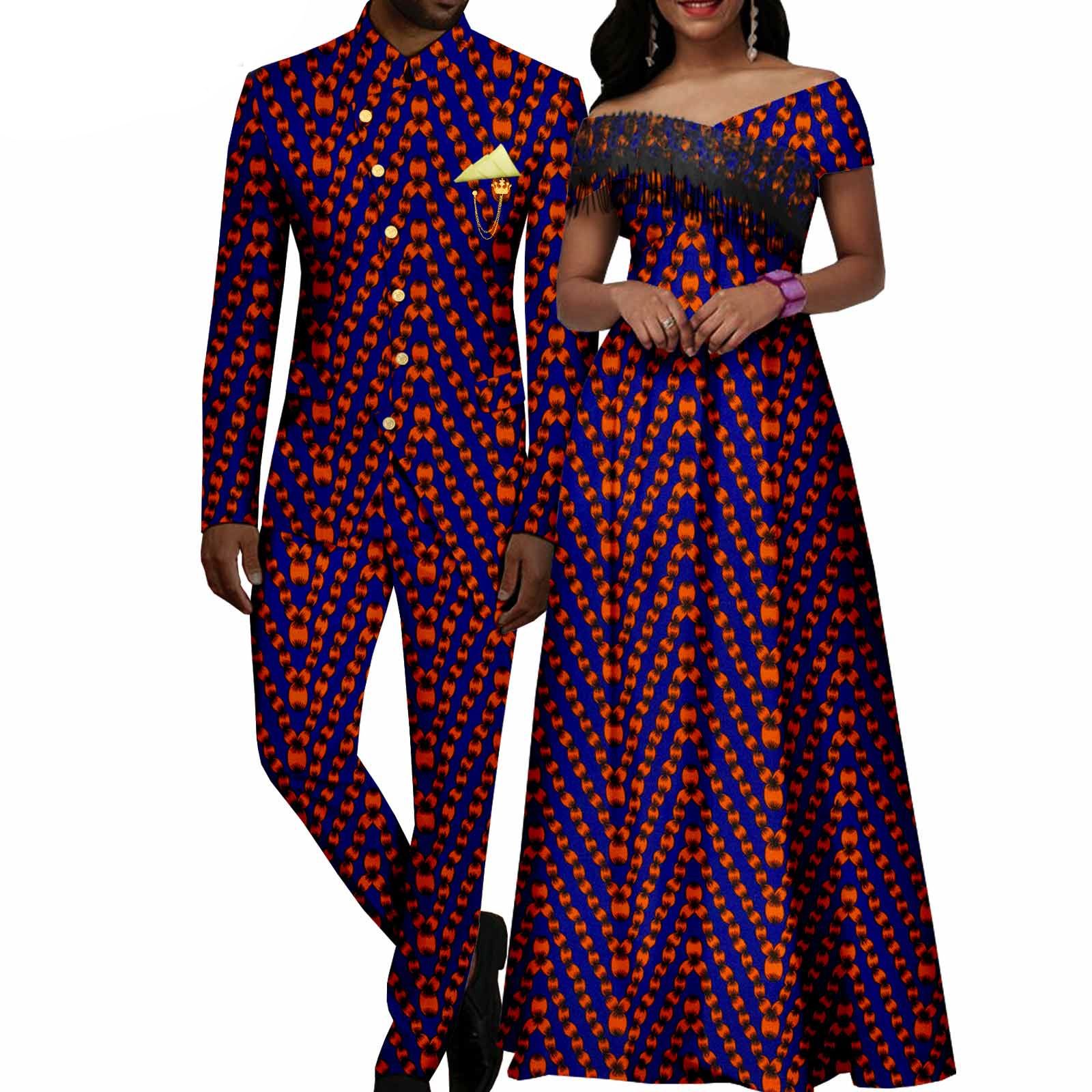 African Couple Matching Clothes Dashiki Women Print Tassel Dress Men Suits Jacket and Pant Sets for Party