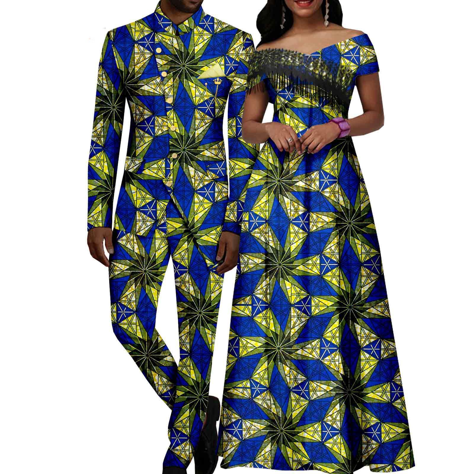 African Couple Matching Clothes Dashiki Women Print Tassel Dress Men Suits Jacket and Pant Sets for Party