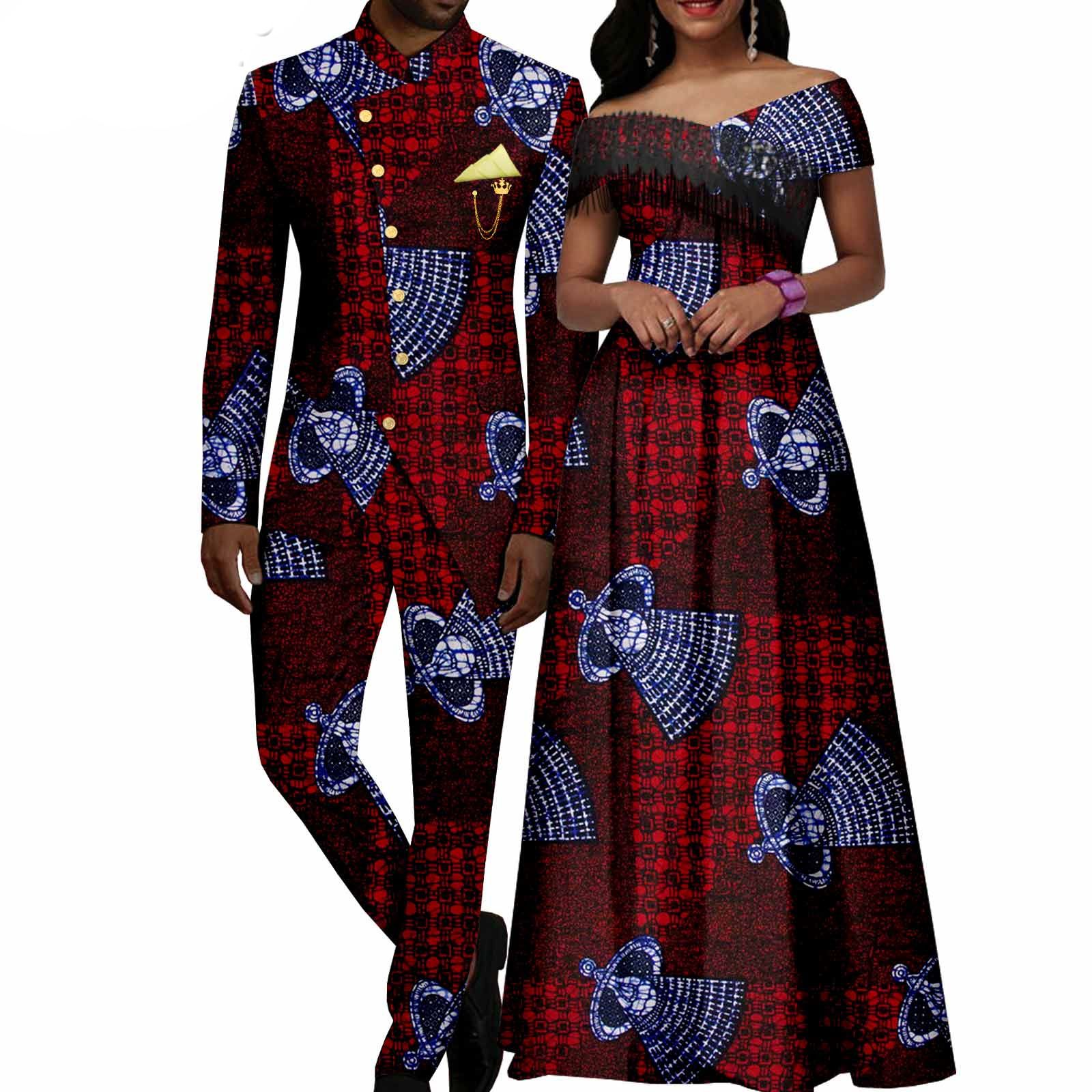 African Couple Matching Clothes Dashiki Women Print Tassel Dress Men Suits Jacket and Pant Sets for Party
