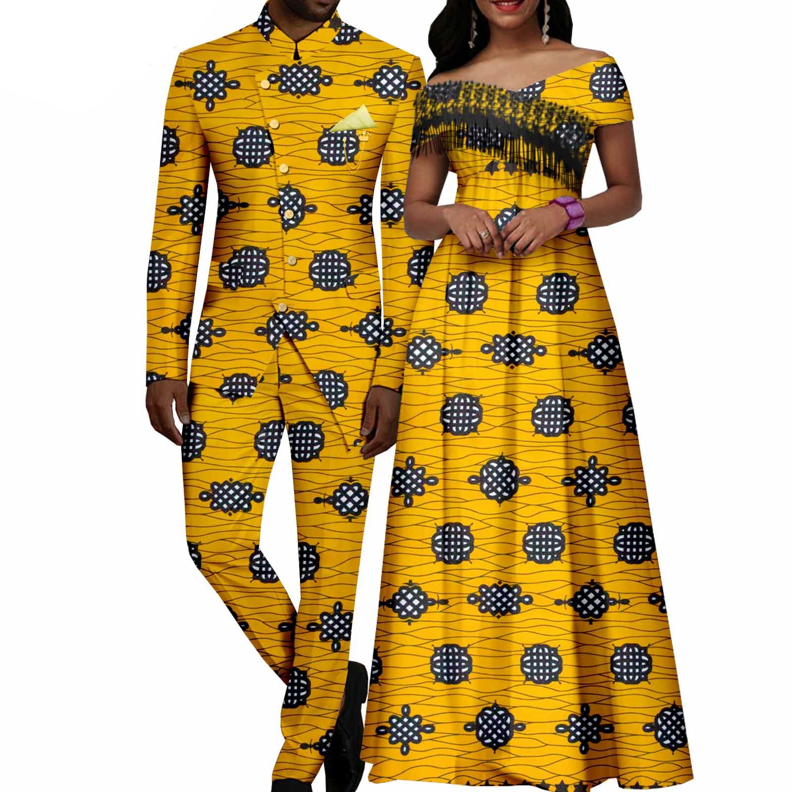 African Couple Matching Clothes Dashiki Women Print Tassel Dress Men Suits Jacket and Pant Sets for Party