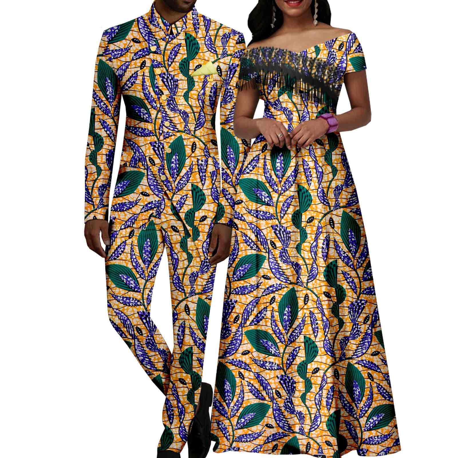African Couple Matching Clothes Dashiki Women Print Tassel Dress Men Suits Jacket and Pant Sets for Party