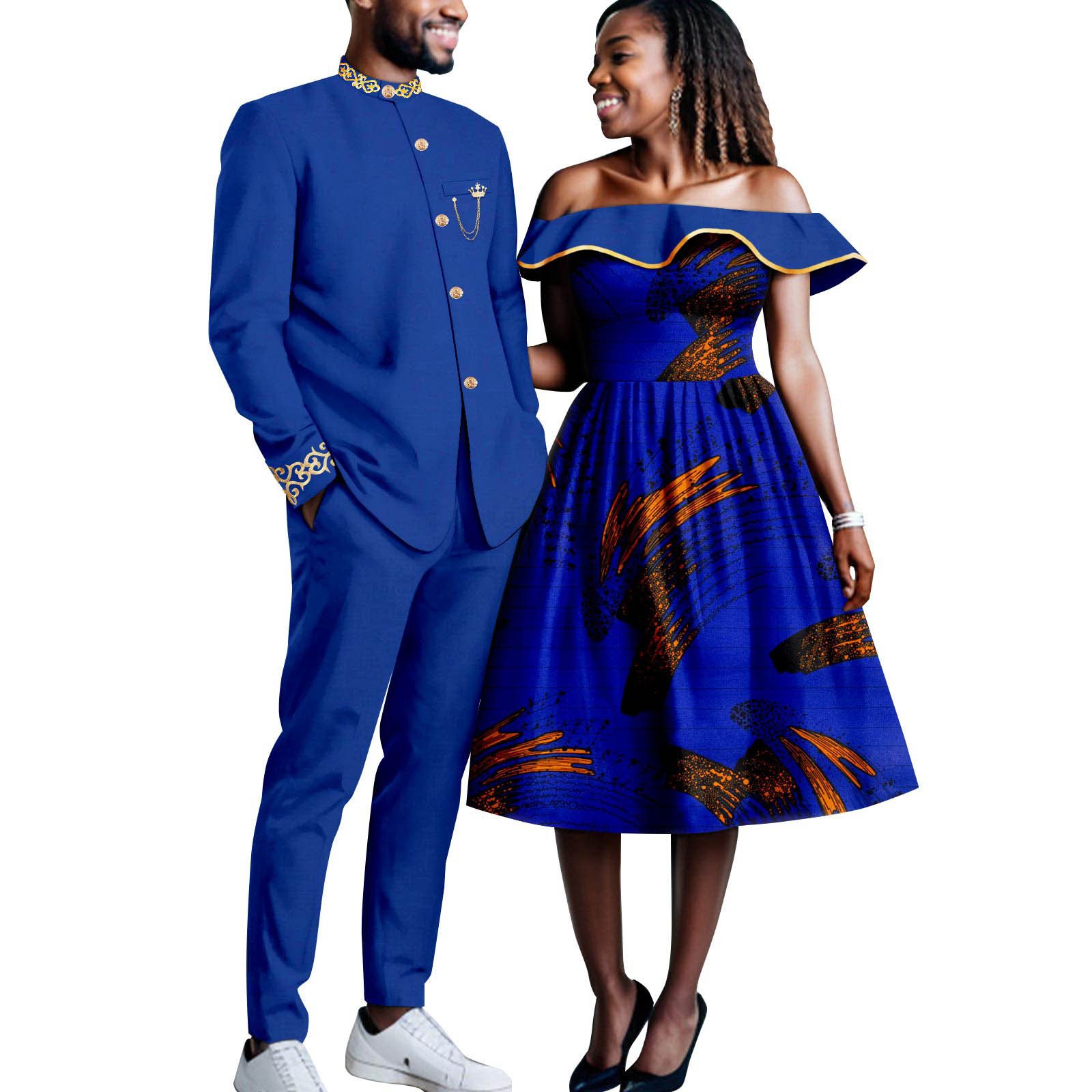 African Couples Bazin Riche Men's Suits Jacket and Trousers Set Dashiki Women's Off Shoulder Wedding  Dresses