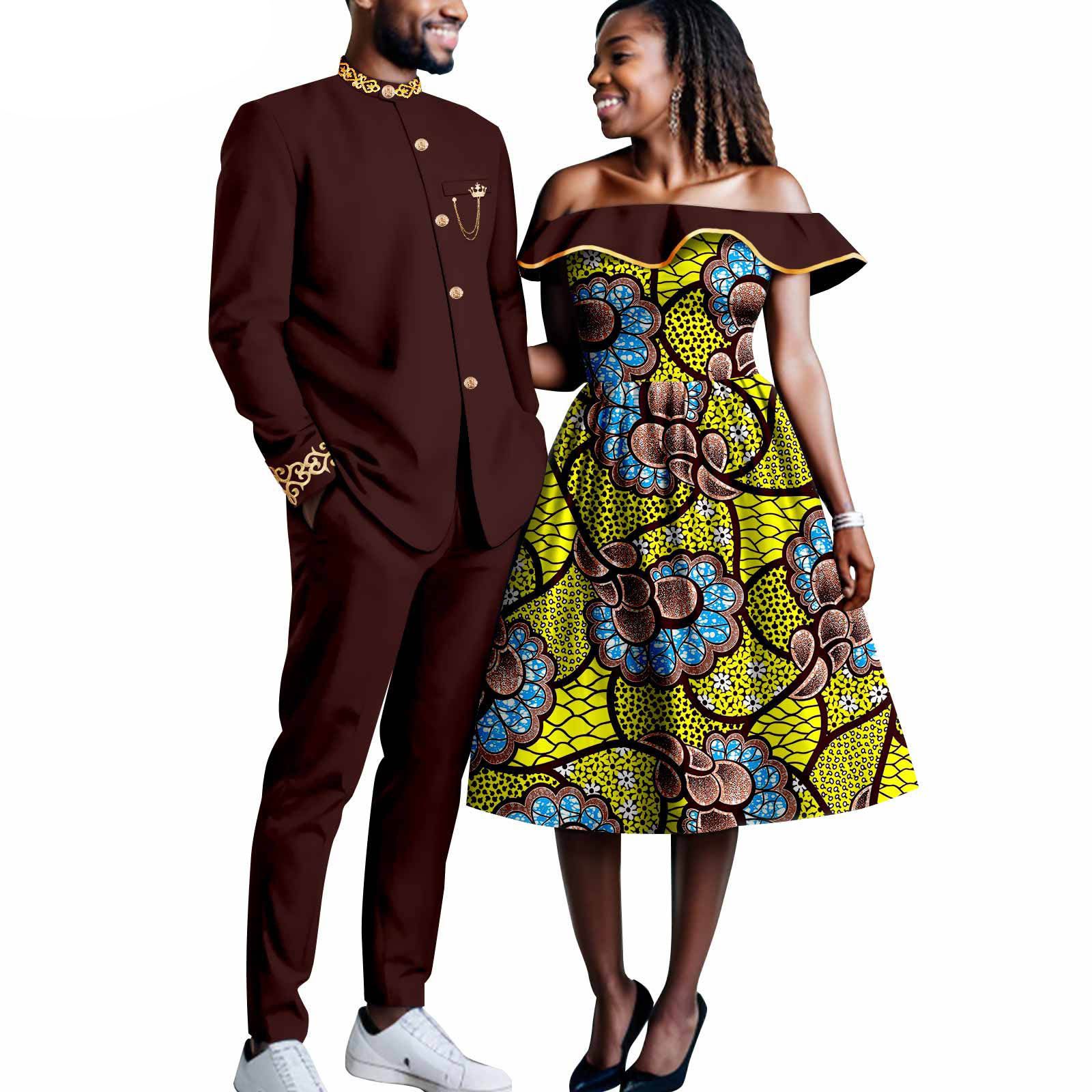 African Couples Bazin Riche Men's Suits Jacket and Trousers Set Dashiki Women's Off Shoulder Wedding  Dresses
