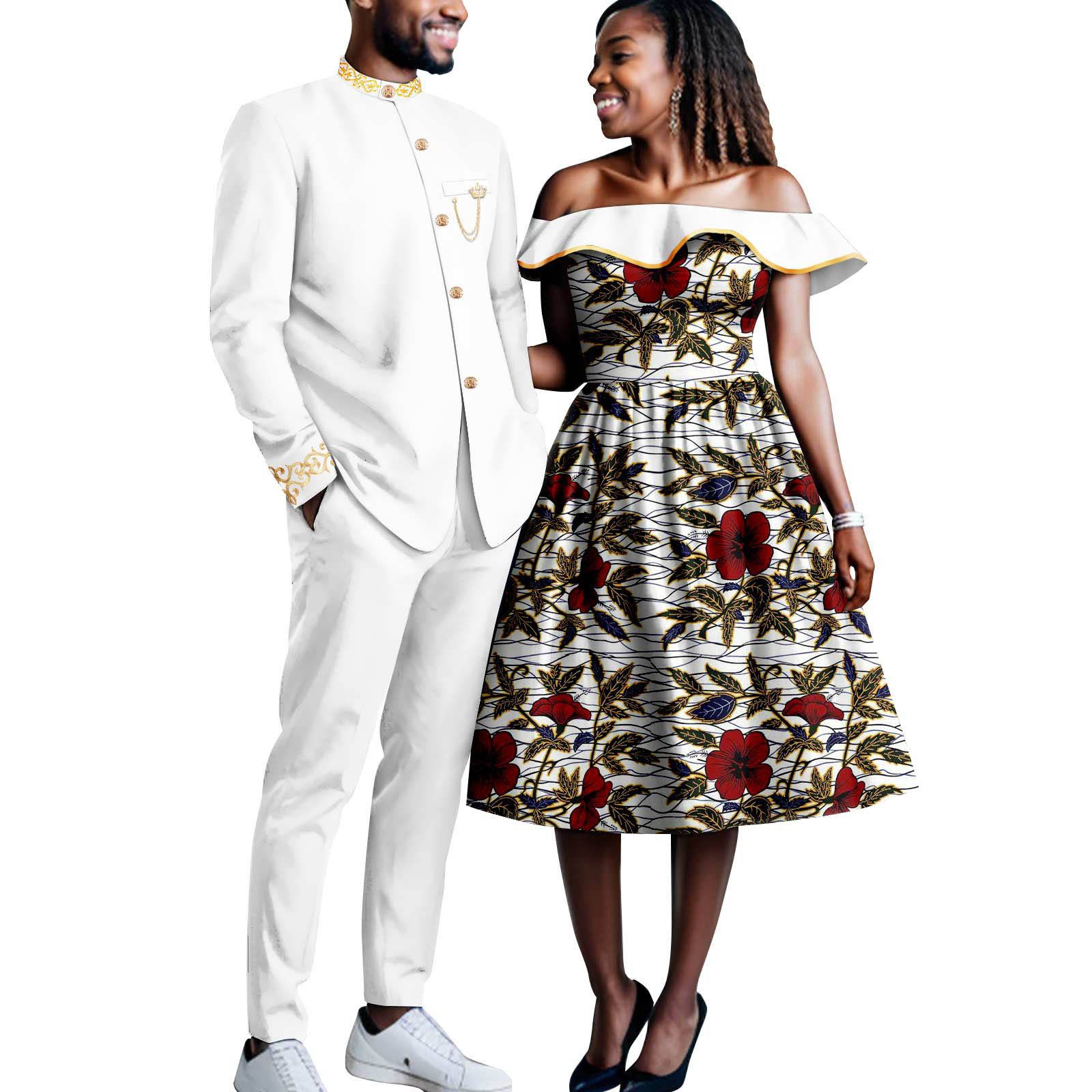 African Couples Bazin Riche Men's Suits Jacket and Trousers Set Dashiki Women's Off Shoulder Wedding  Dresses