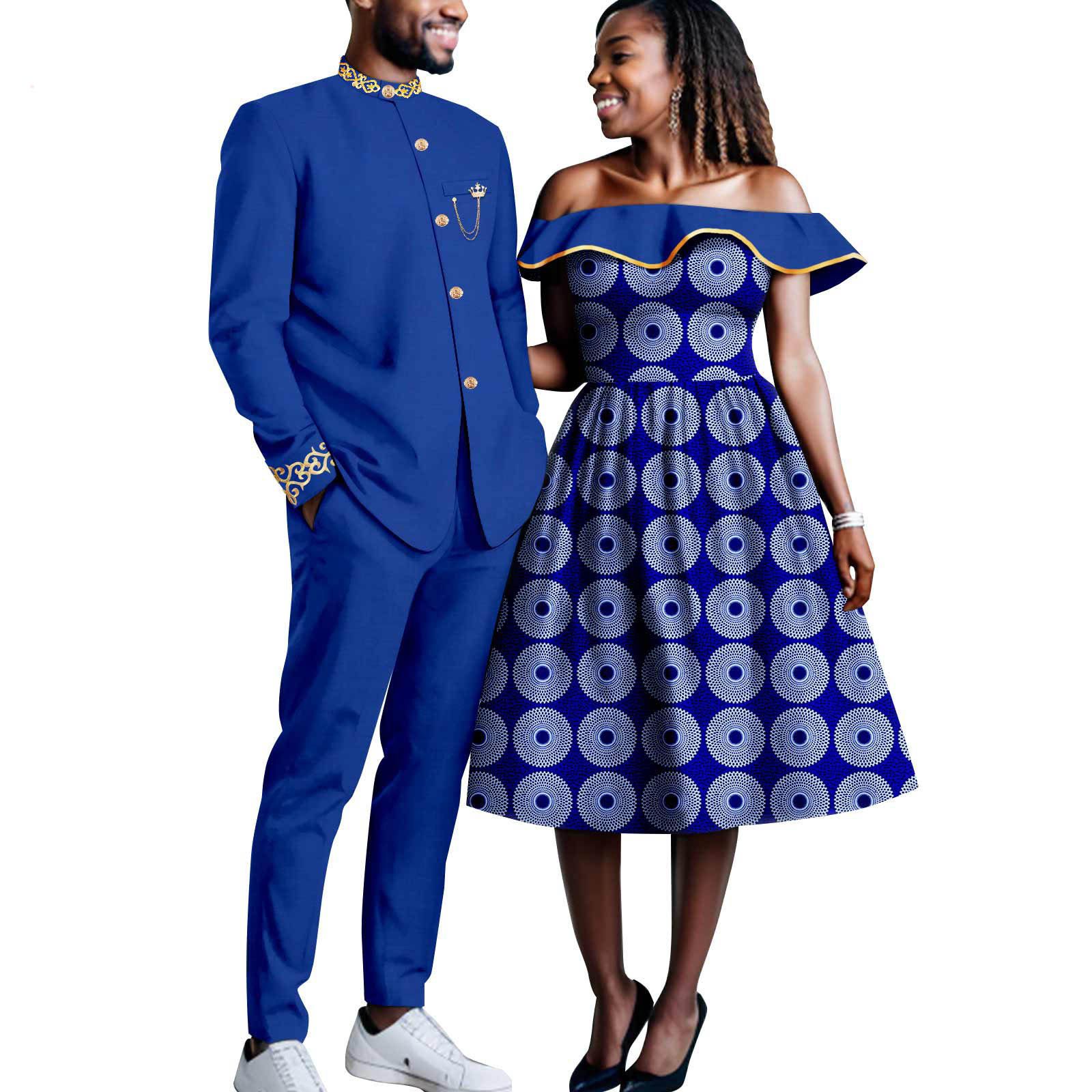 African Couples Bazin Riche Men's Suits Jacket and Trousers Set Dashiki Women's Off Shoulder Wedding  Dresses