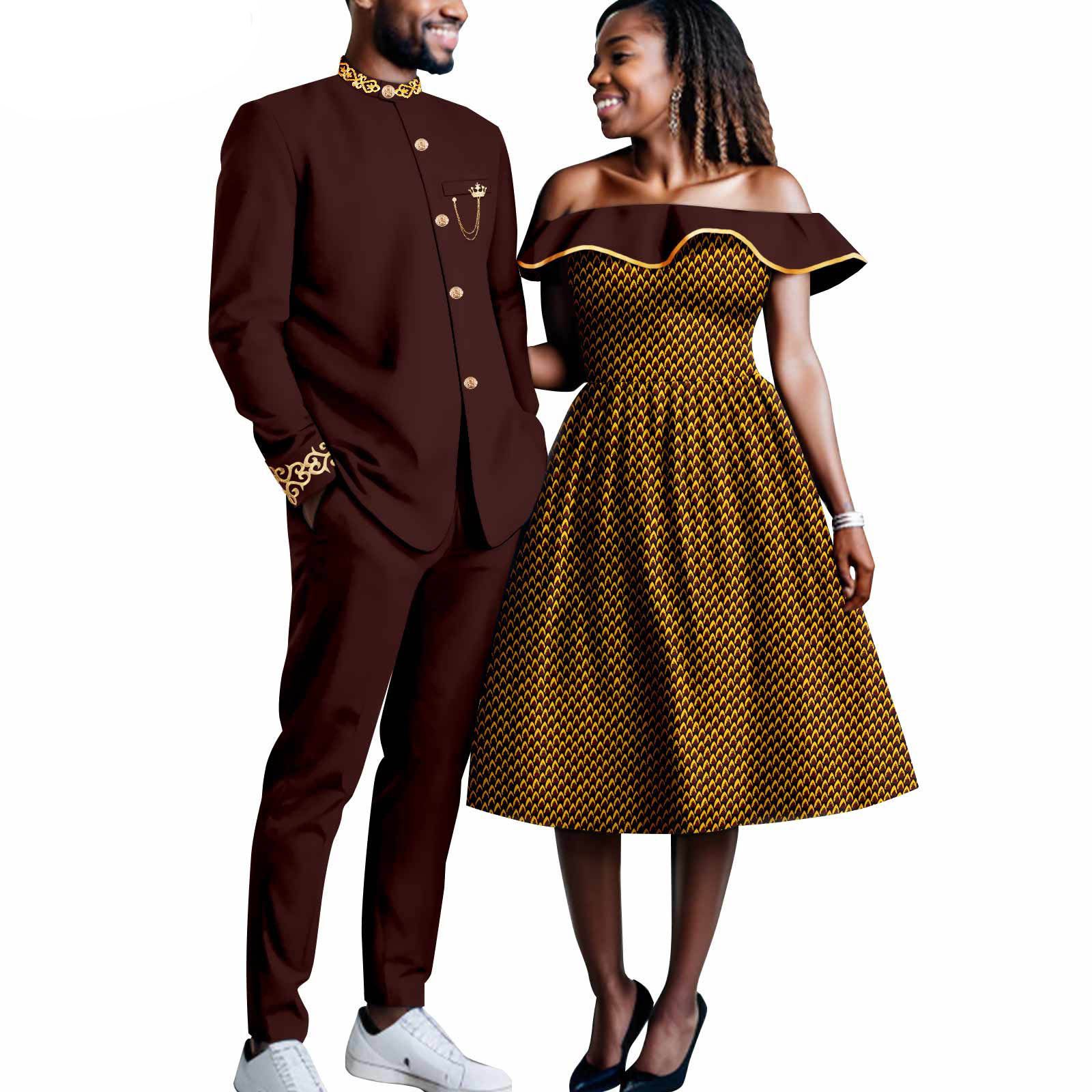 African Couples Bazin Riche Men's Suits Jacket and Trousers Set Dashiki Women's Off Shoulder Wedding  Dresses