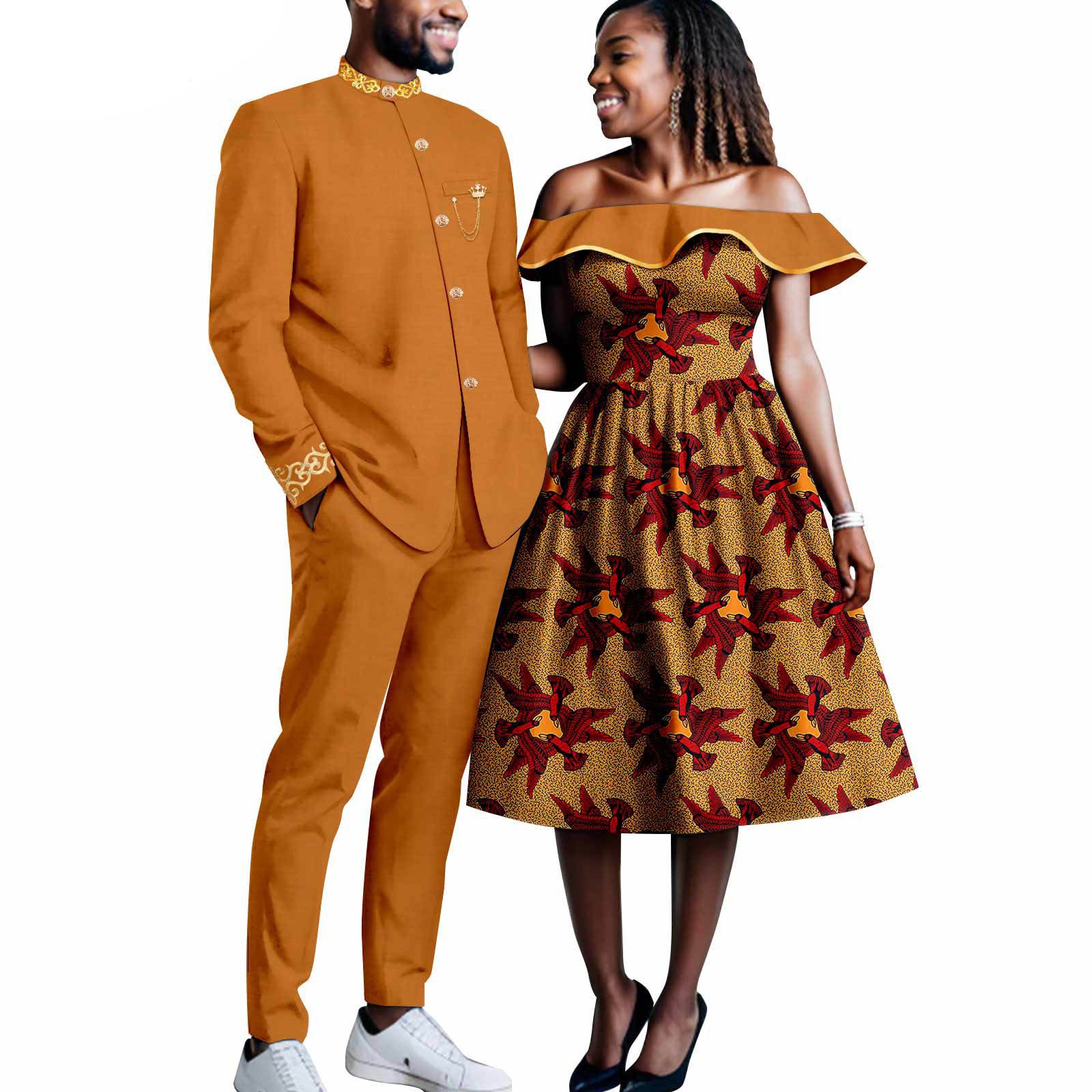 African Couples Bazin Riche Men's Suits Jacket and Trousers Set Dashiki Women's Off Shoulder Wedding  Dresses