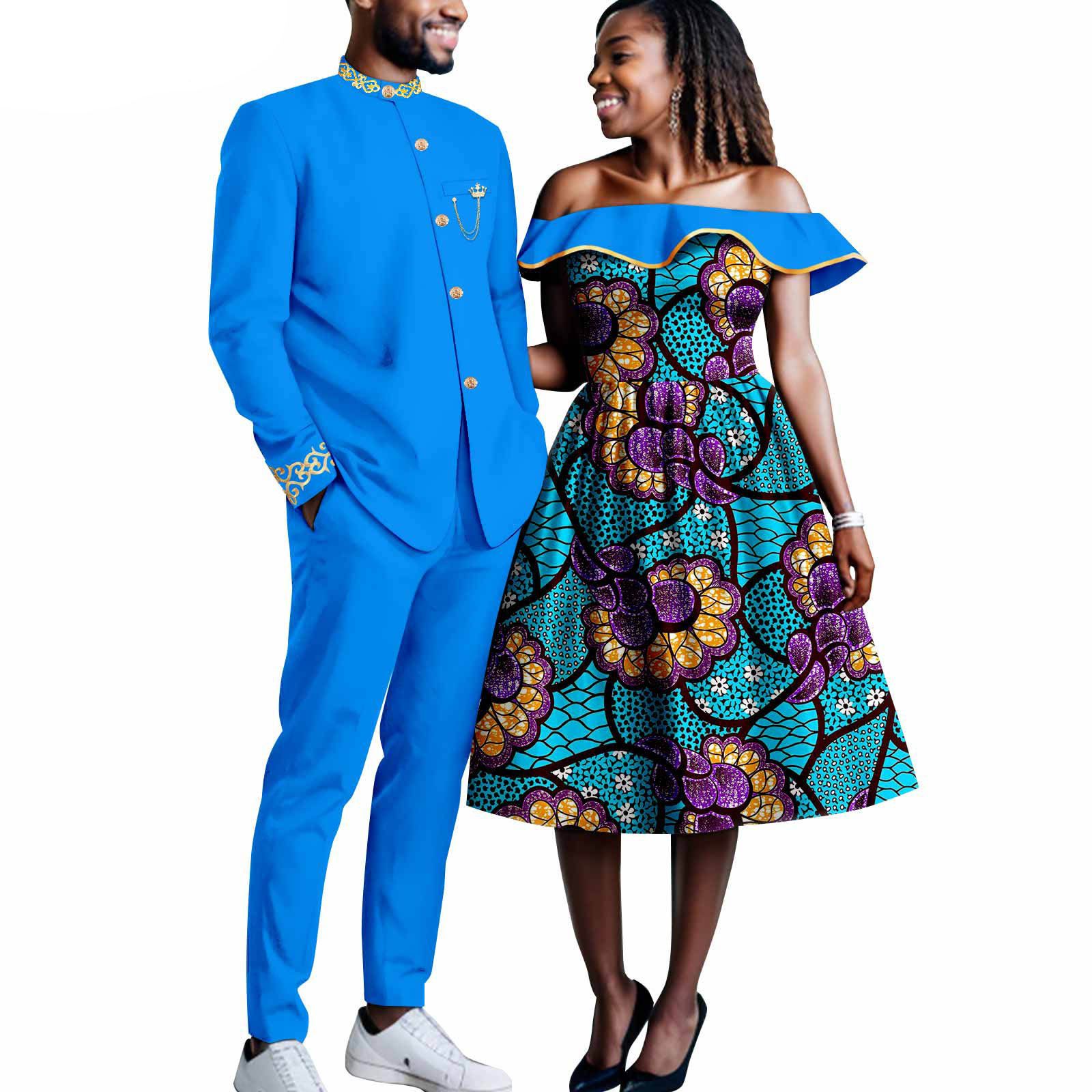 African Couples Bazin Riche Men's Suits Jacket and Trousers Set Dashiki Women's Off Shoulder Wedding  Dresses