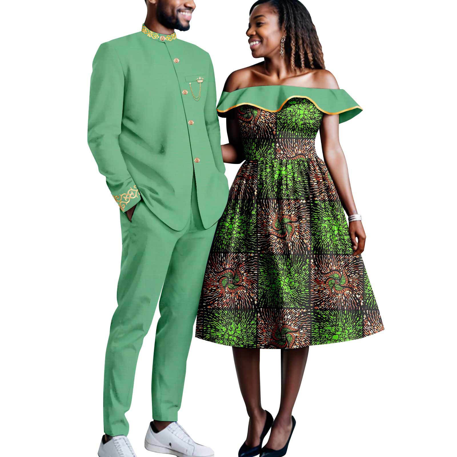 African Couples Bazin Riche Men's Suits Jacket and Trousers Set Dashiki Women's Off Shoulder Wedding  Dresses