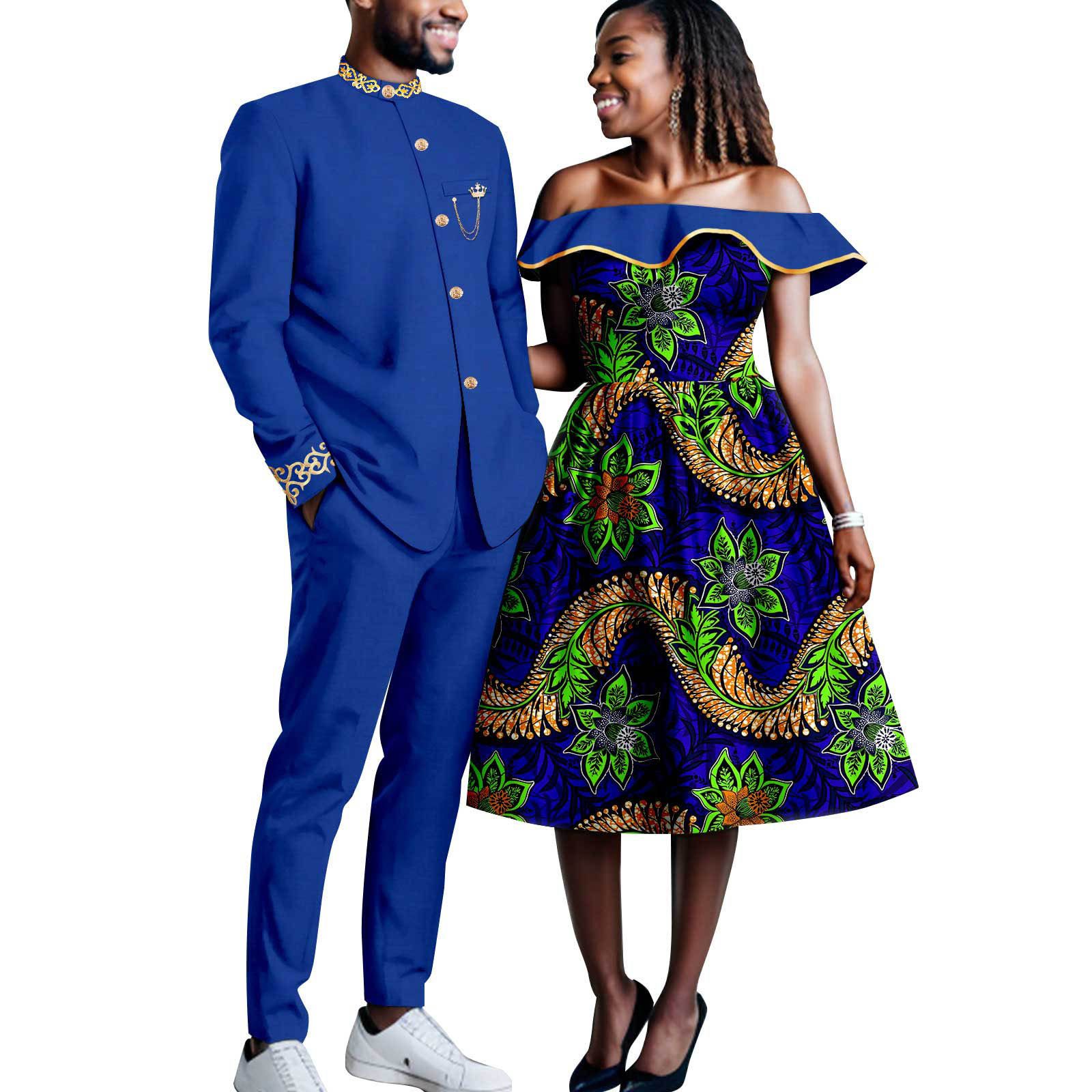 African Couples Bazin Riche Men's Suits Jacket and Trousers Set Dashiki Women's Off Shoulder Wedding  Dresses