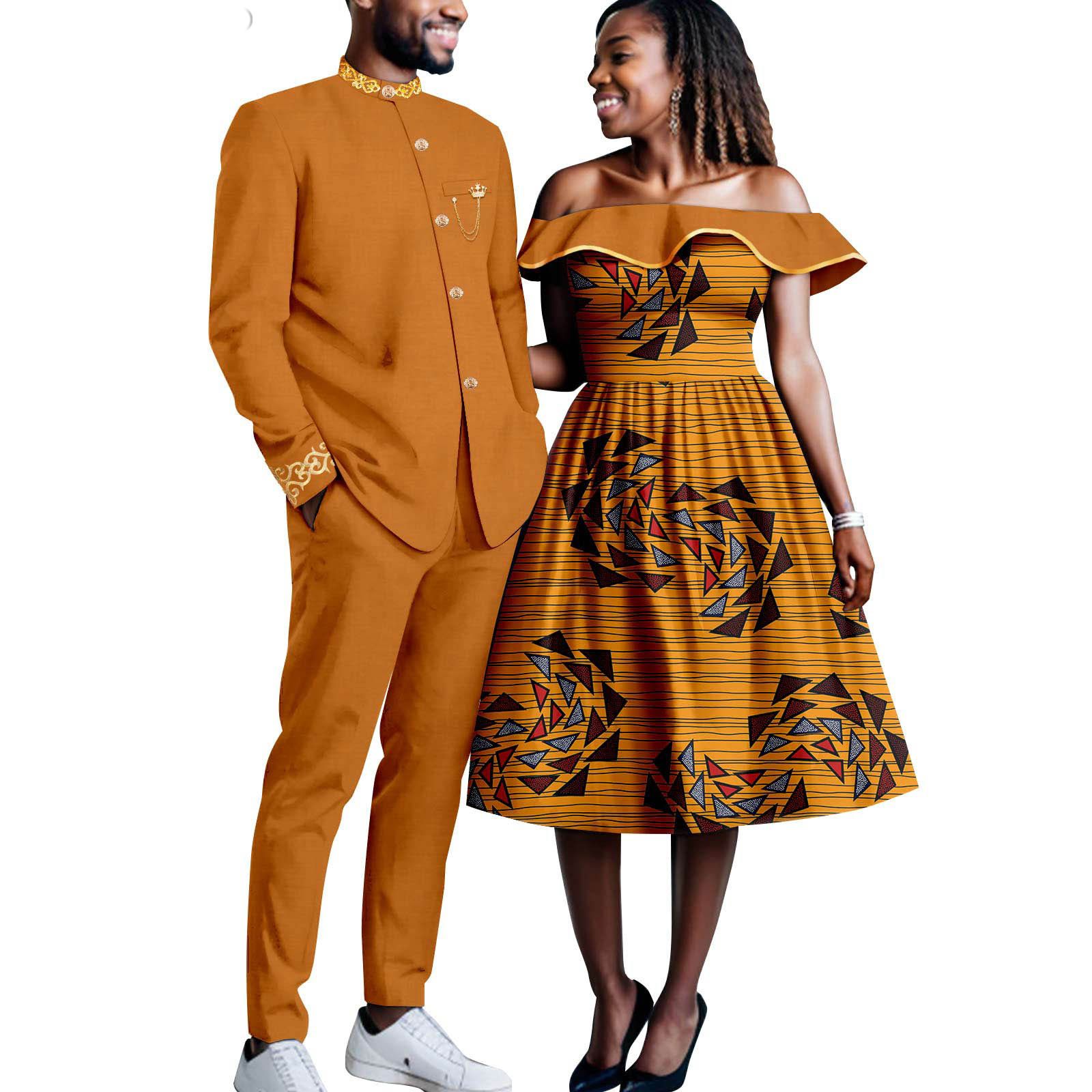 African Couples Bazin Riche Men's Suits Jacket and Trousers Set Dashiki Women's Off Shoulder Wedding  Dresses