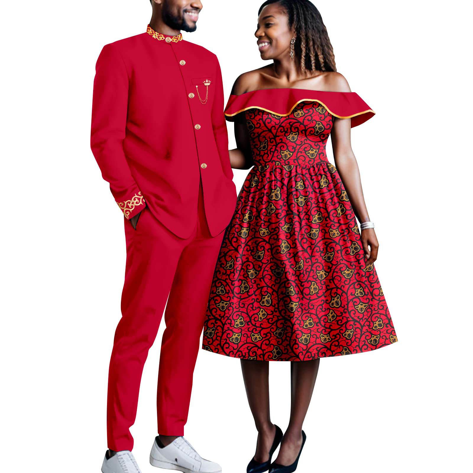 African Couples Bazin Riche Men's Suits Jacket and Trousers Set Dashiki Women's Off Shoulder Wedding  Dresses