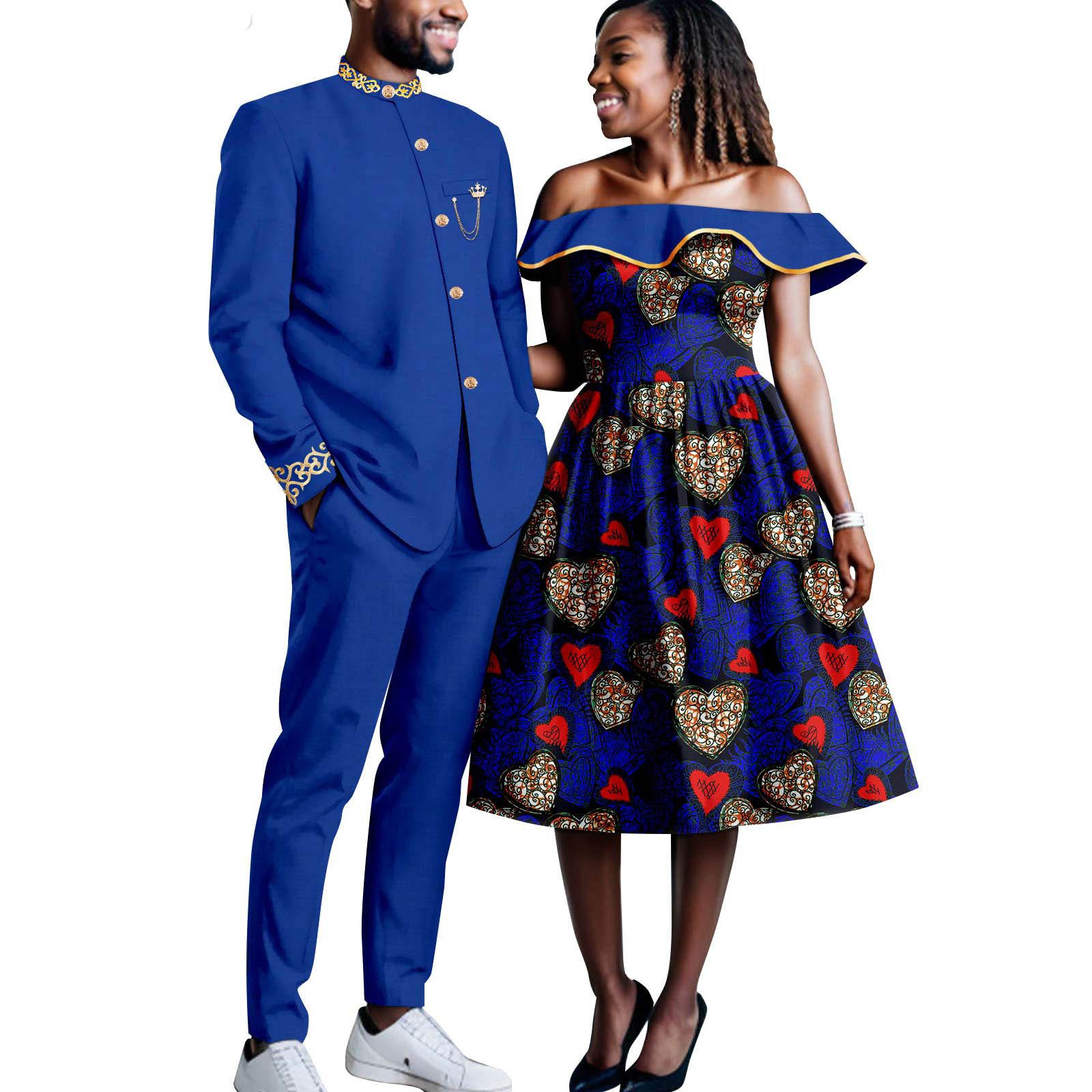 African Couples Bazin Riche Men's Suits Jacket and Trousers Set Dashiki Women's Off Shoulder Wedding  Dresses