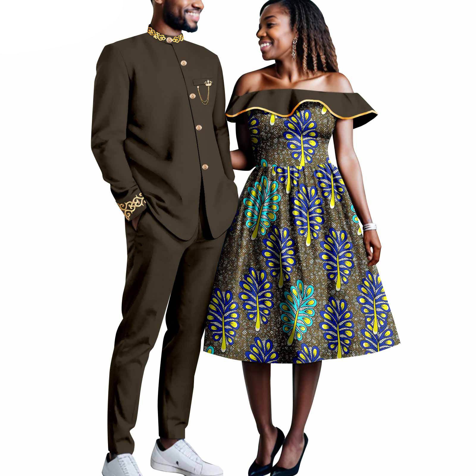 African Couples Bazin Riche Men's Suits Jacket and Trousers Set Dashiki Women's Off Shoulder Wedding  Dresses