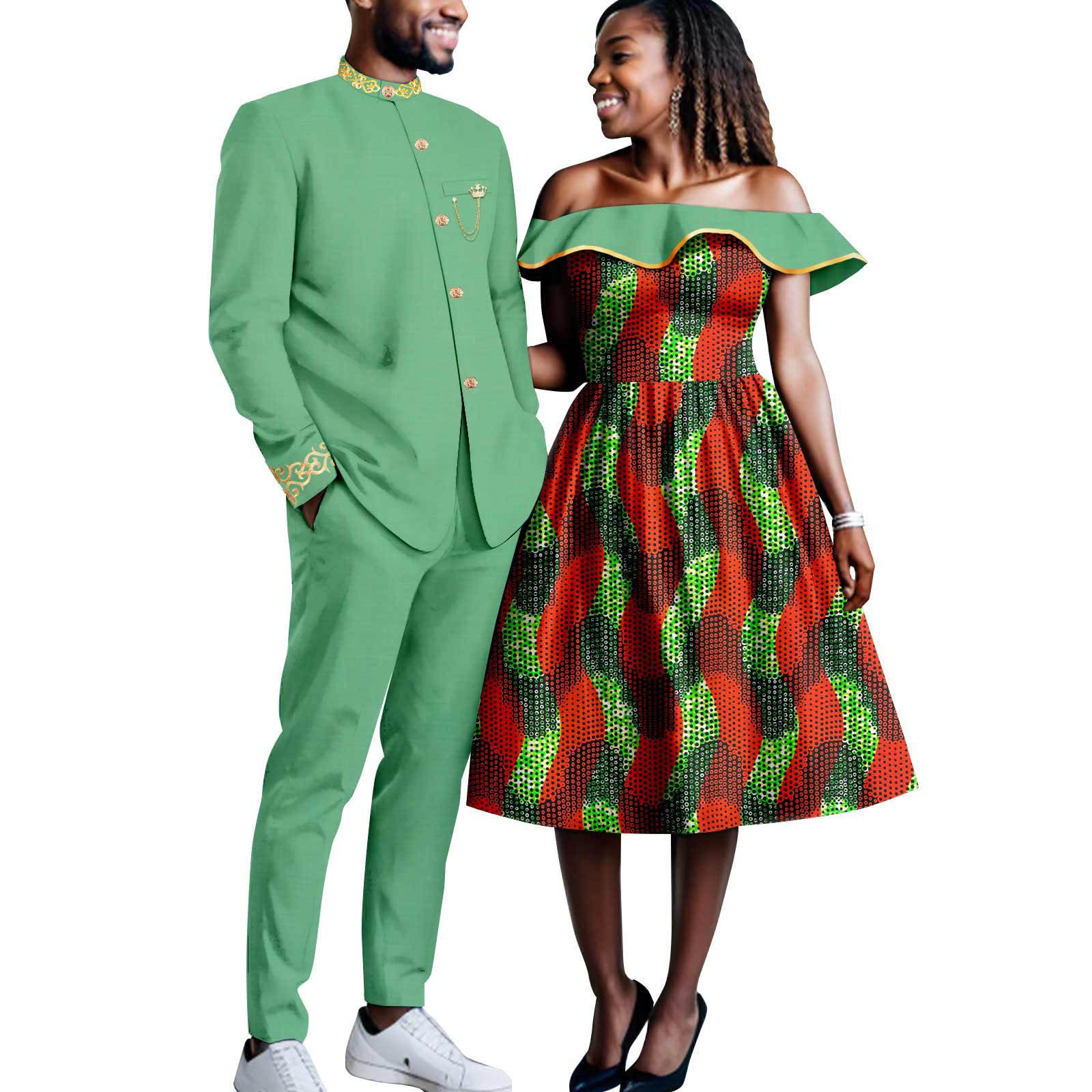 African Couples Bazin Riche Men's Suits Jacket and Trousers Set Dashiki Women's Off Shoulder Wedding  Dresses