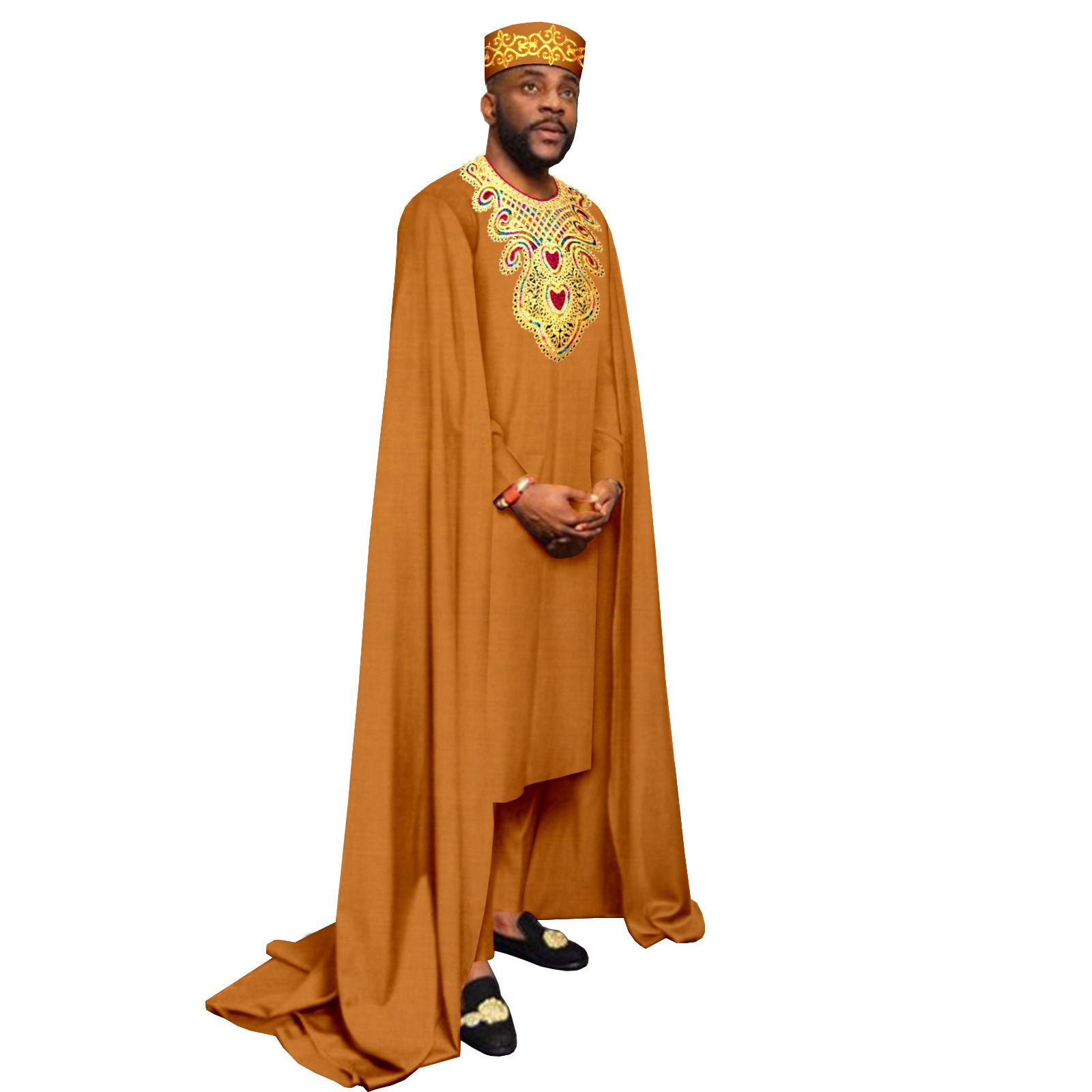 African Clothes for Men Embroidery Agbada Robe Pants Tribal Hat 3 Piece Set Wedding Outfits Traditional Attire