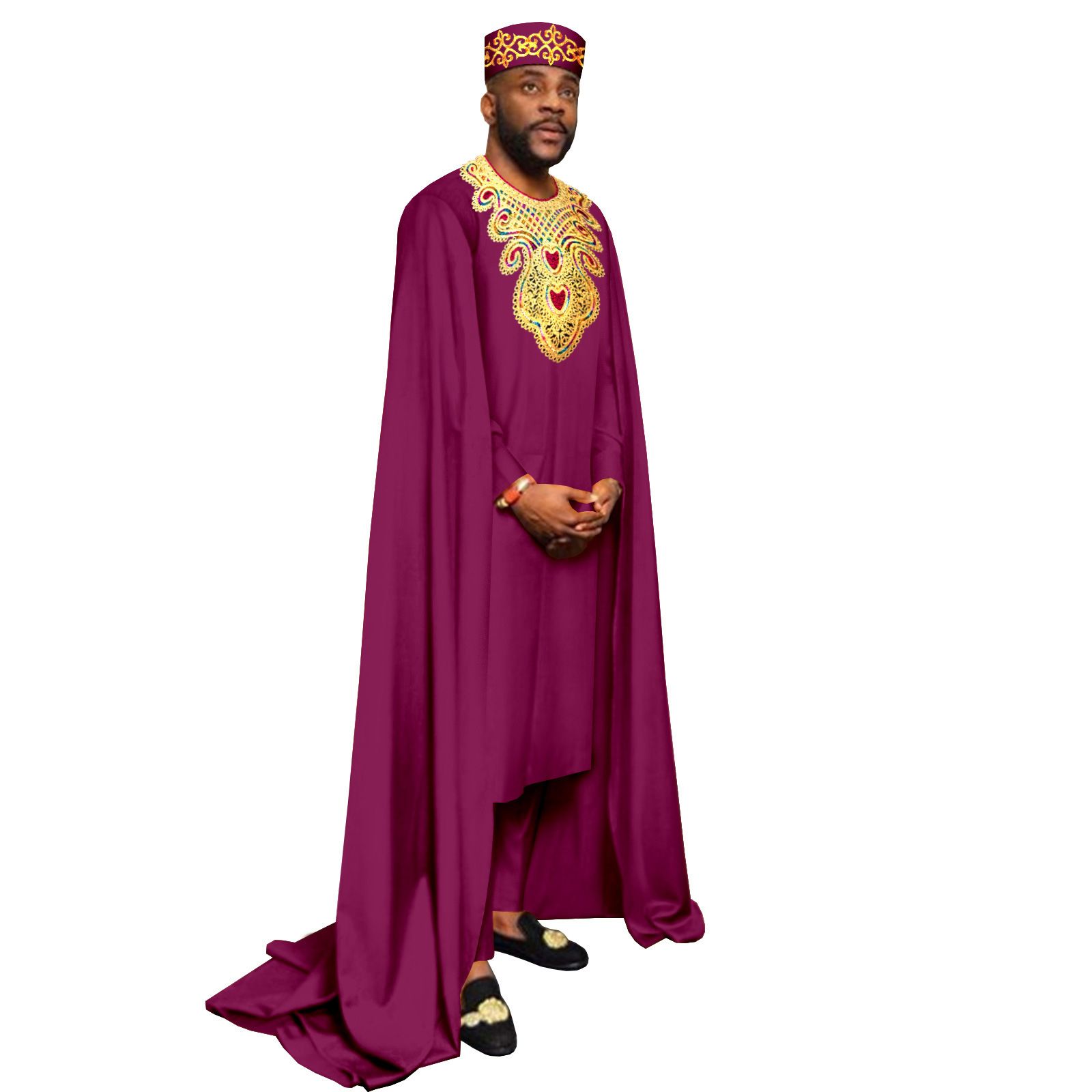 African Clothes for Men Embroidery Agbada Robe Pants Tribal Hat 3 Piece Set Wedding Outfits Traditional Attire