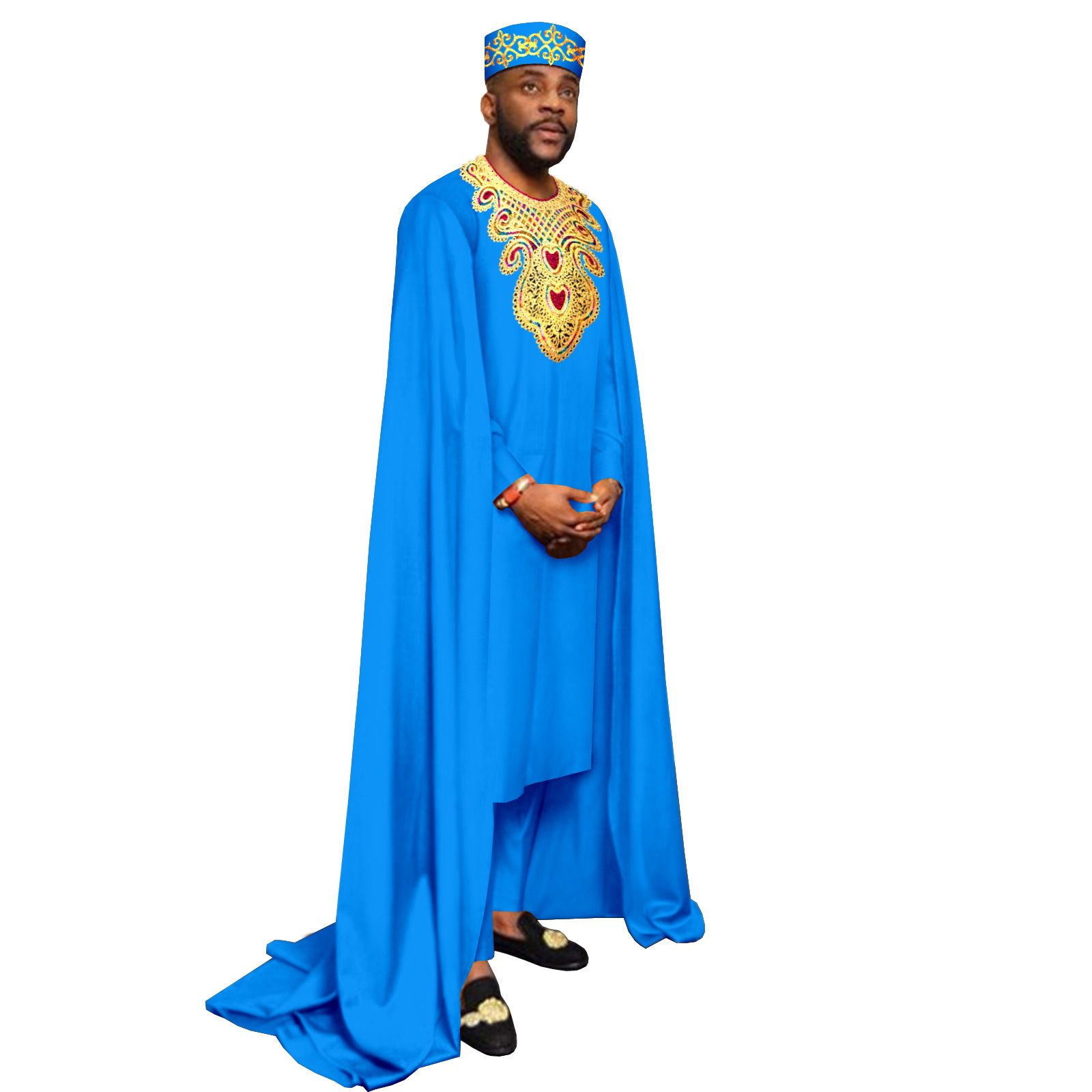 African Clothes for Men Embroidery Agbada Robe Pants Tribal Hat 3 Piece Set Wedding Outfits Traditional Attire