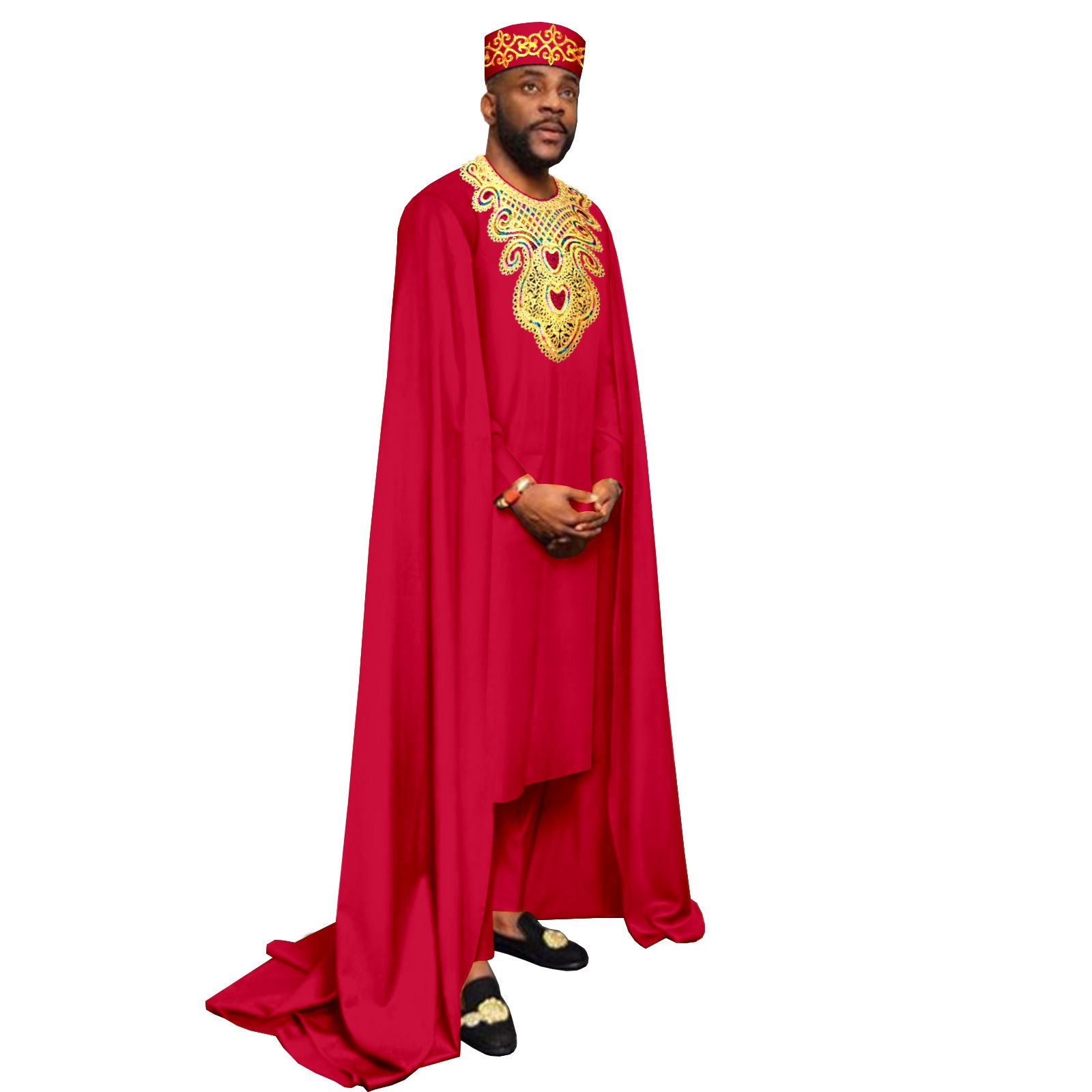 African Clothes for Men Embroidery Agbada Robe Pants Tribal Hat 3 Piece Set Wedding Outfits Traditional Attire